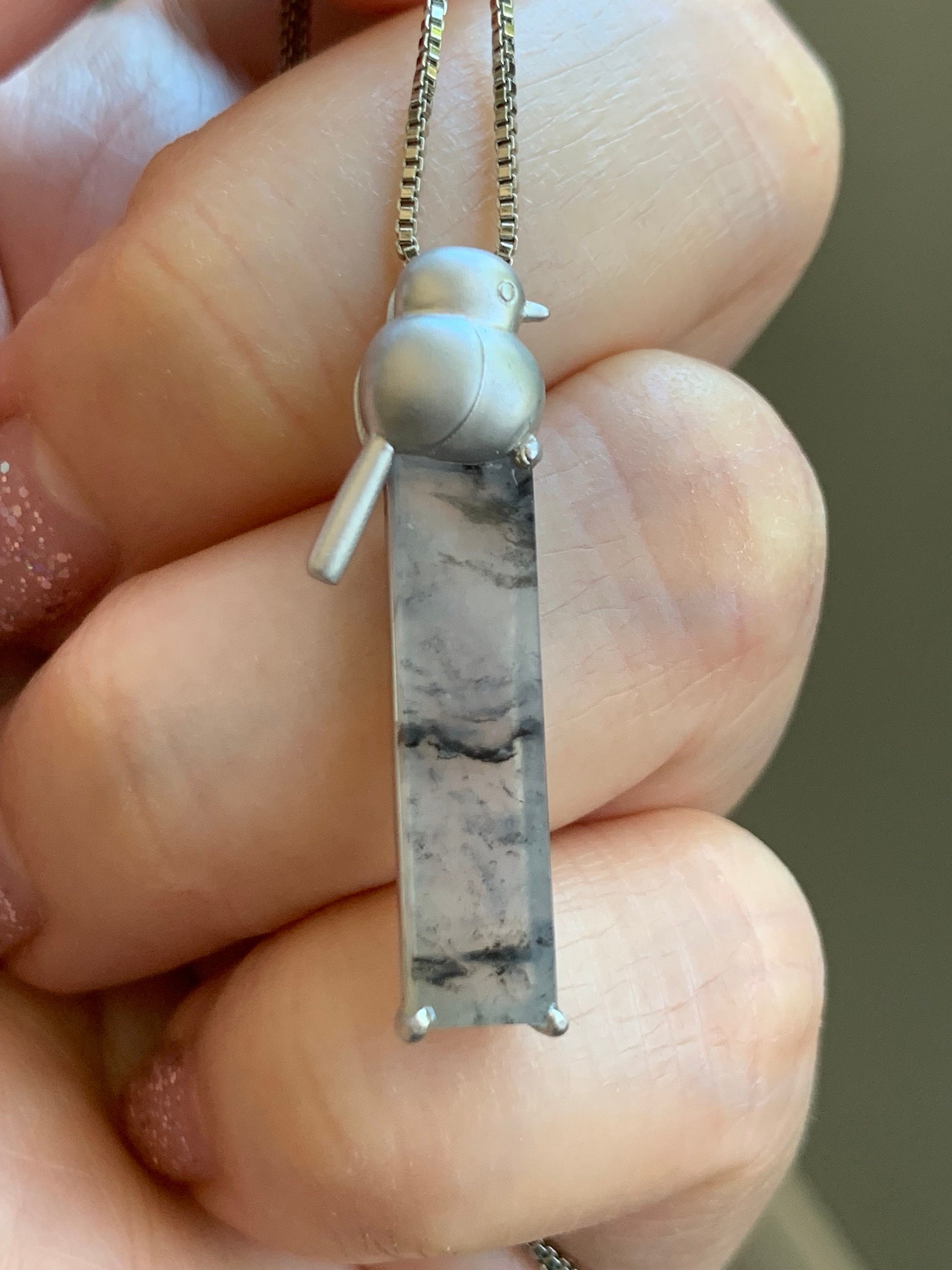 Certified Natural Burmese Icy Highly Translucent Wuji Jadeite Elongated Rectangle Pendant 18K White Gold Bird Design 天然缅甸老种冰乌鸡翡翠小鸟镶嵌吊坠 7069