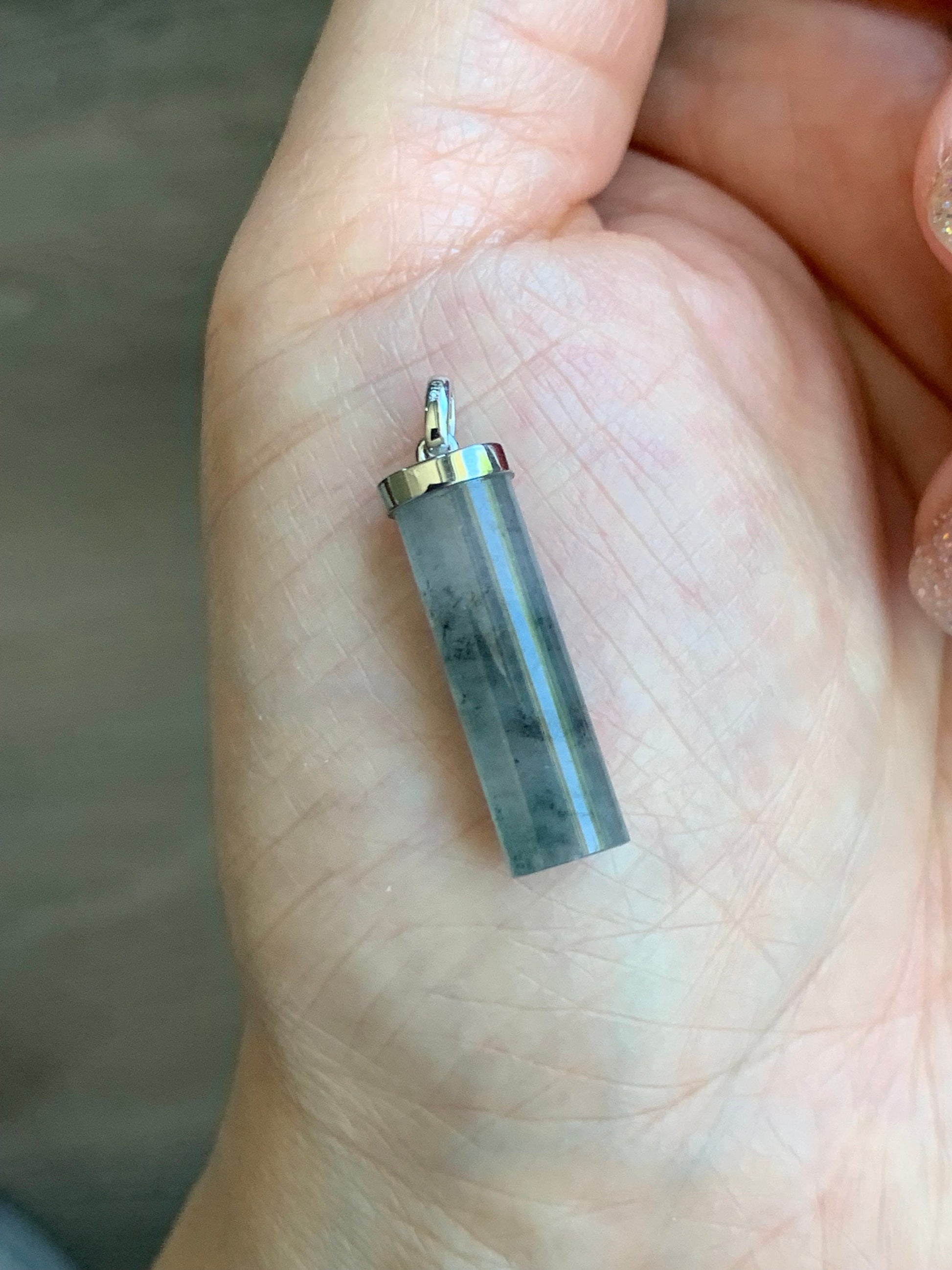 Certified Natural Burmese Icy Translucent Gelatinous Wuji Jadeite Cylinder Pendant 18K White Gold Bail 2.71g 天然缅甸冰乌鸡翡翠椭圆圆柱镶嵌吊坠 7038