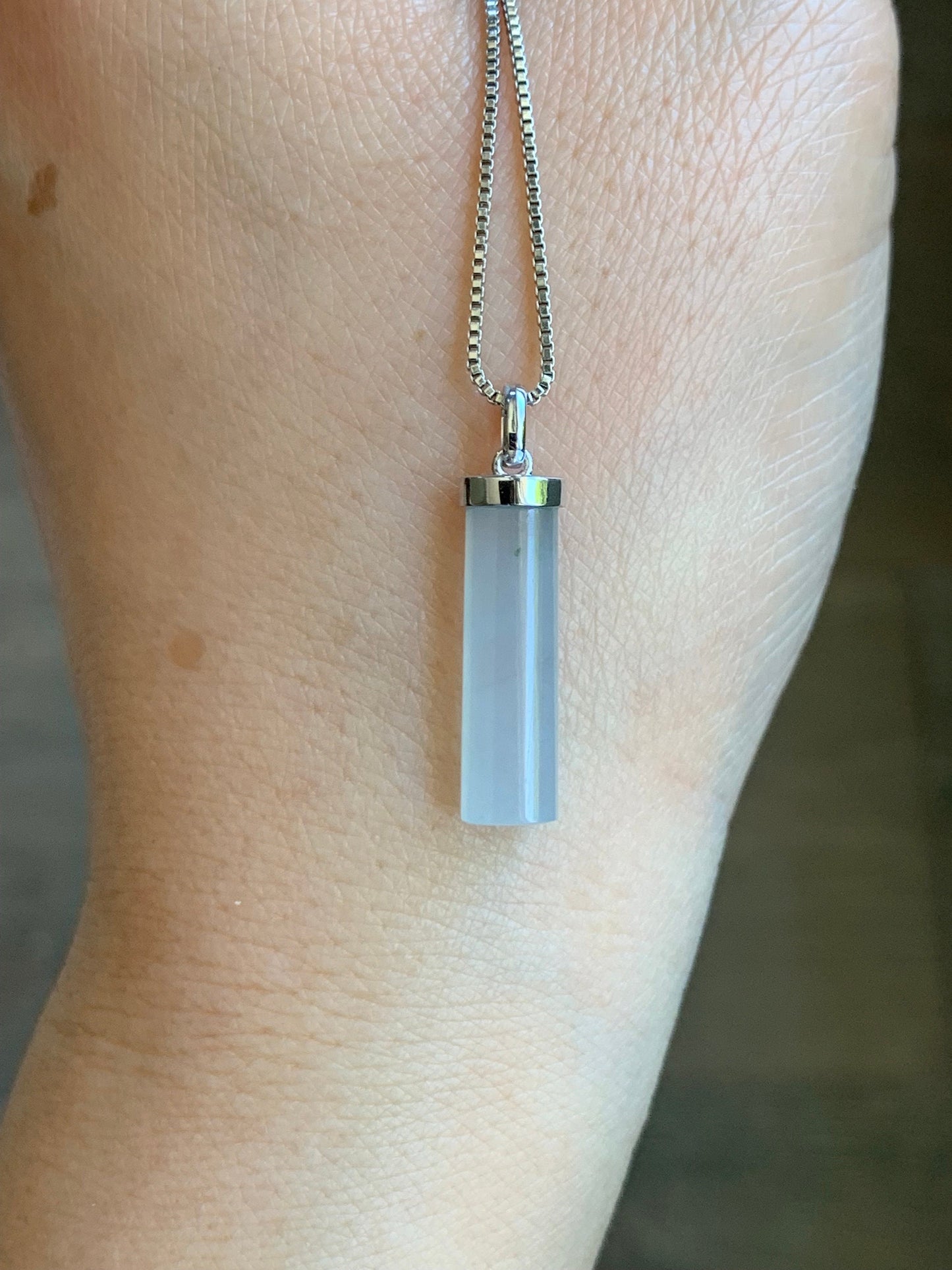 Certified Natural Burmese Icy Translucent Gelatinous White Jadeite Cylinder Pendant 18K White Gold Bail 2.11g 天然缅甸白冰胶翡翠椭圆圆柱镶嵌吊坠 7035