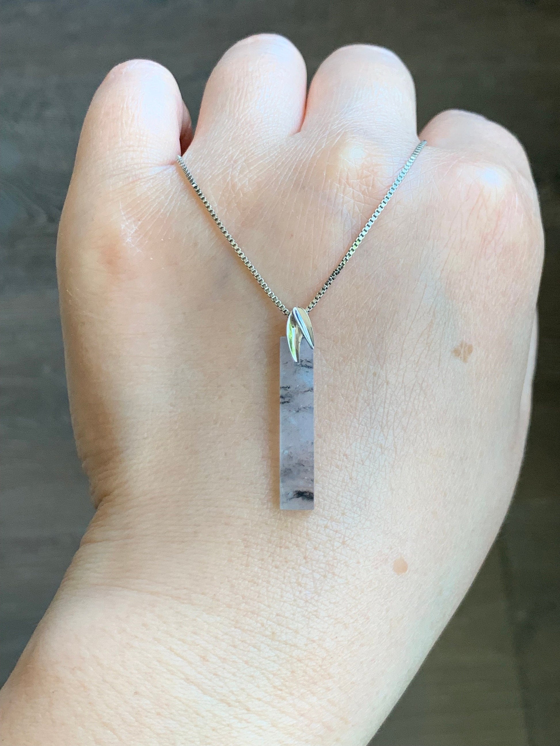 Certified Natural Burmese Icy Highly Translucent Wuji Jadeite Elongated Rectangle Pendant 18K White Gold Leaf Bail 天然缅甸老种冰乌鸡翡翠树叶款镶嵌吊坠 7068