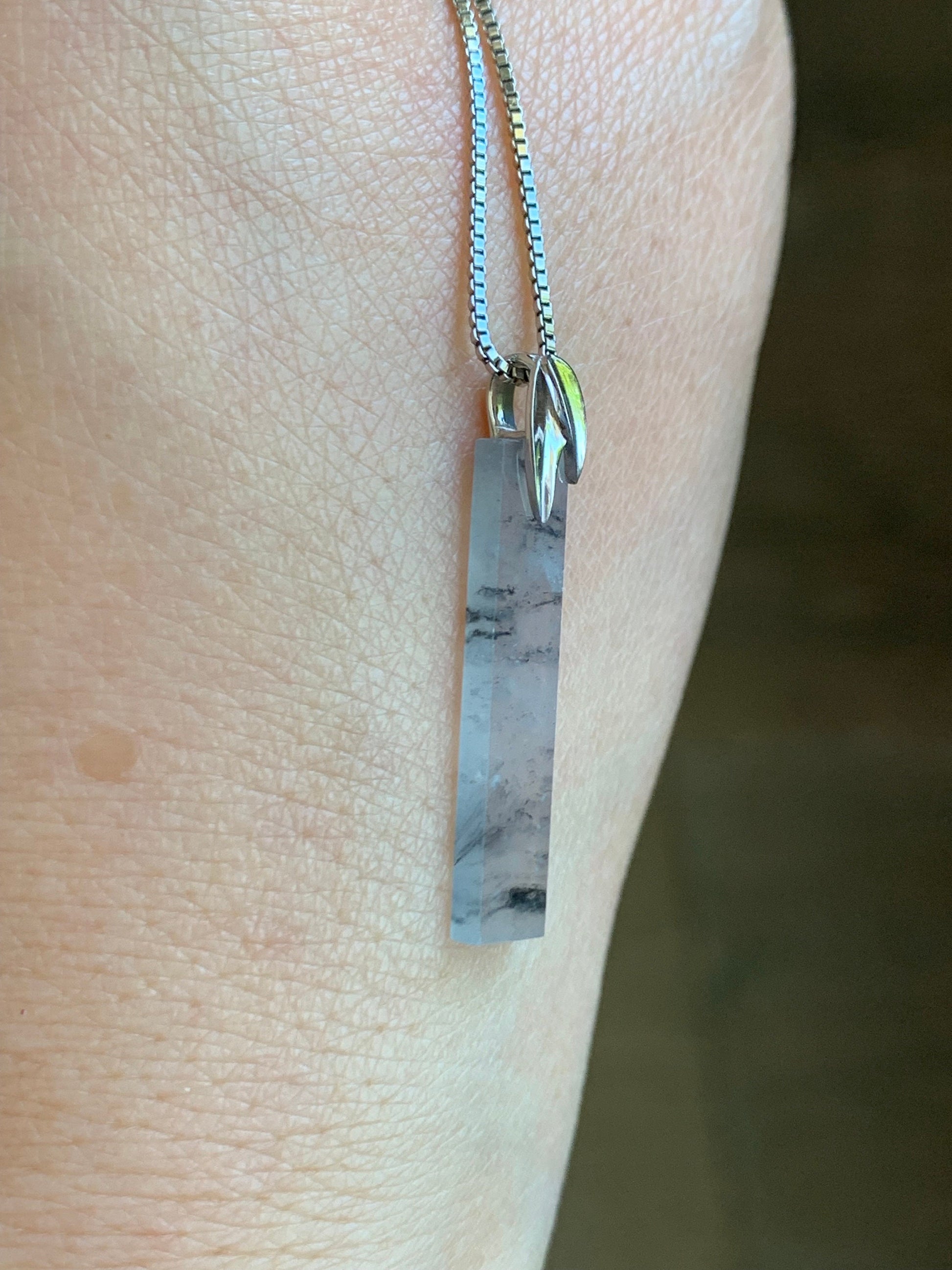 Certified Natural Burmese Icy Highly Translucent Wuji Jadeite Elongated Rectangle Pendant 18K White Gold Leaf Bail 天然缅甸老种冰乌鸡翡翠树叶款镶嵌吊坠 7068