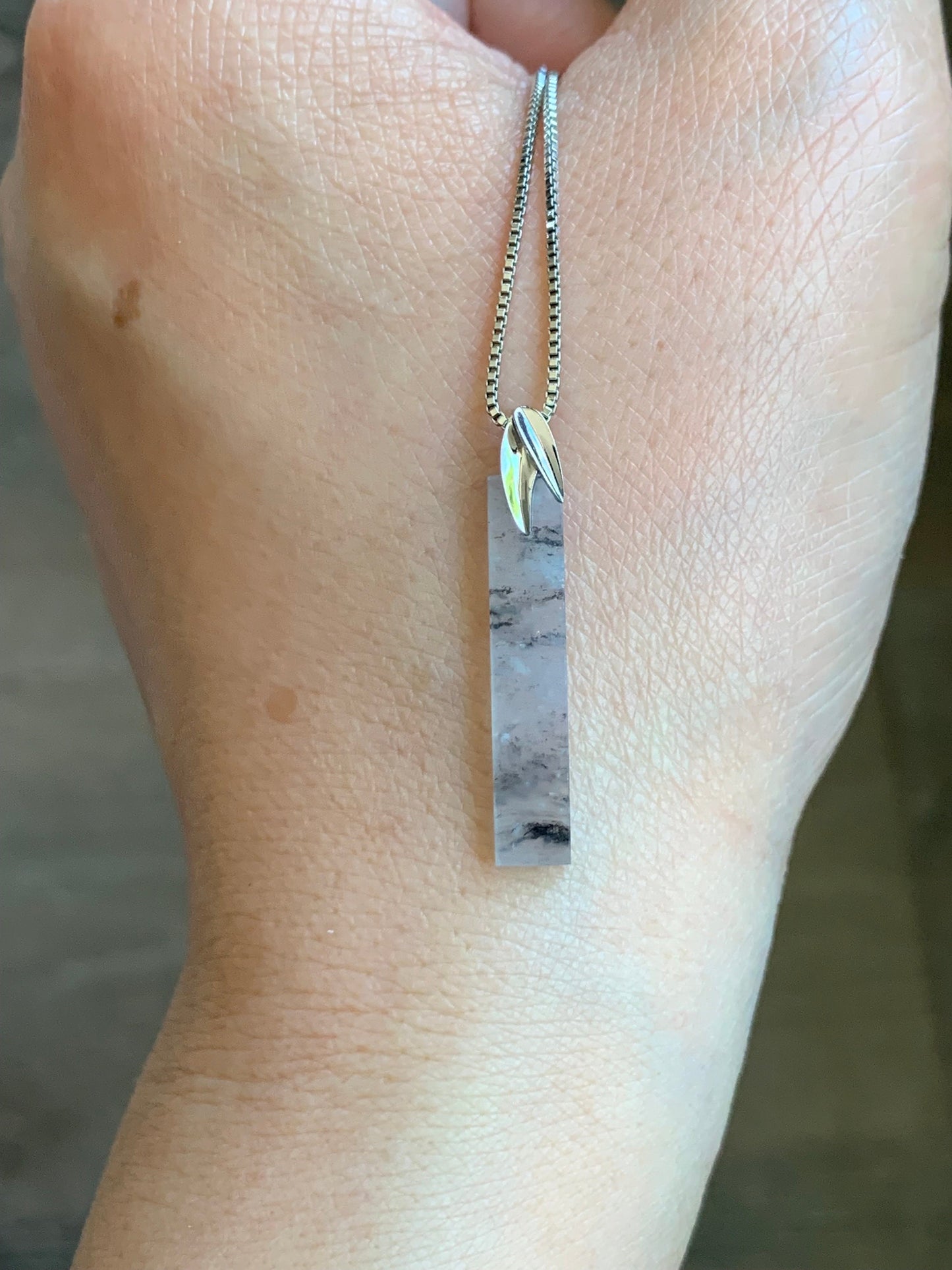 Certified Natural Burmese Icy Highly Translucent Wuji Jadeite Elongated Rectangle Pendant 18K White Gold Leaf Bail 天然缅甸老种冰乌鸡翡翠树叶款镶嵌吊坠 7068