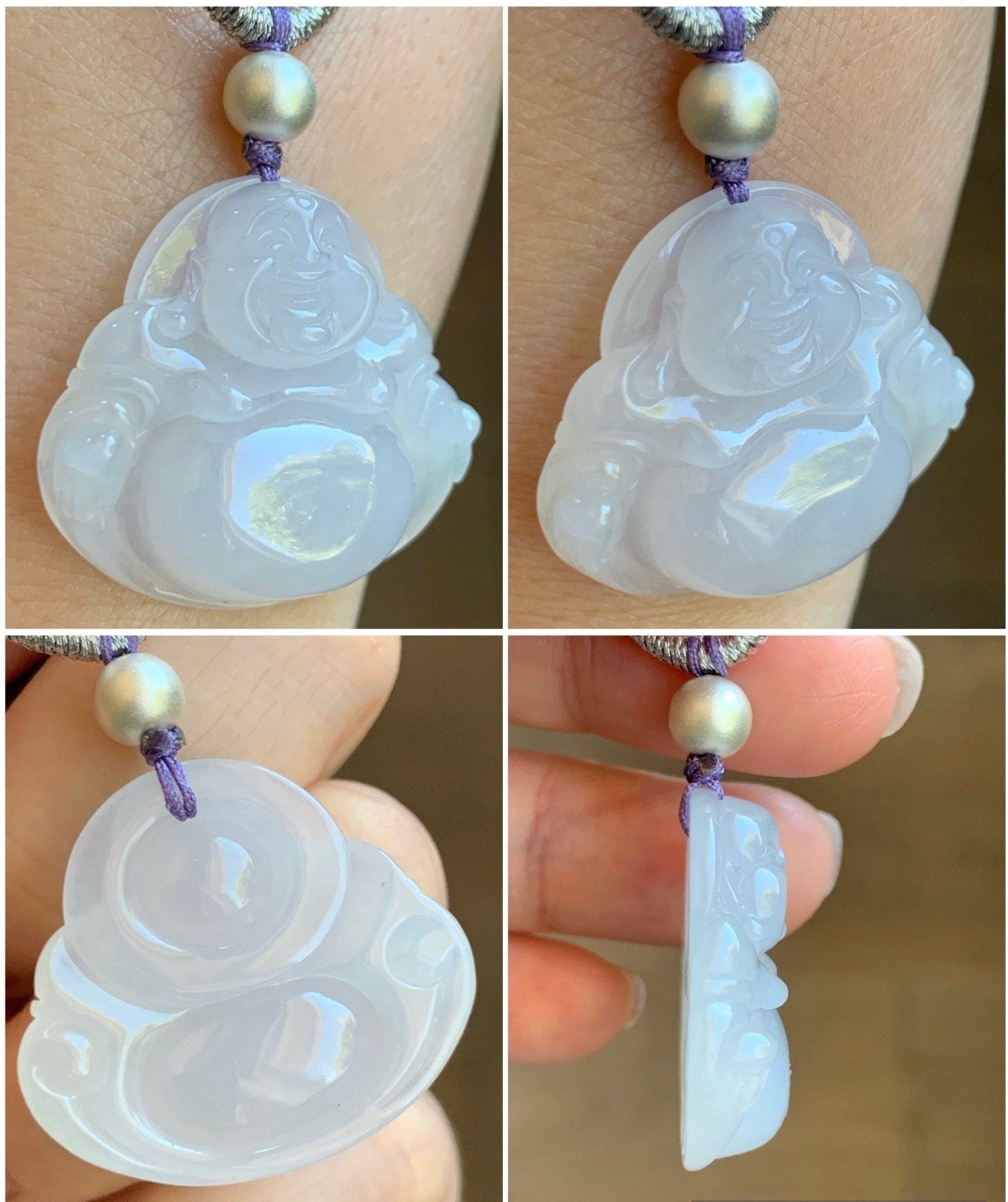Certified Natural Burmese Icy Translucent Pale Purple Jadeite Buddha Pendant Rope Necklace Sterling Silver 23” 天然缅甸冰淡紫底翡翠佛公吊坠 7076