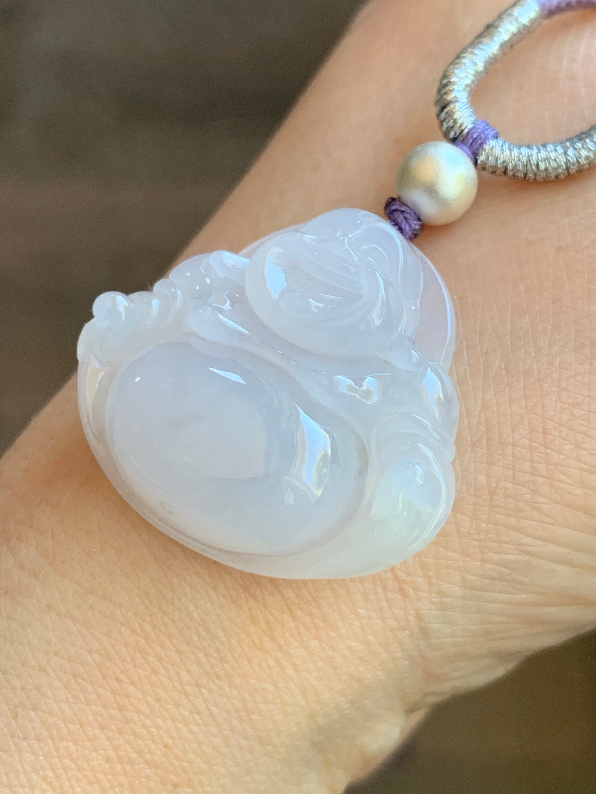Certified Natural Burmese Icy Translucent Pale Purple Jadeite Buddha Pendant Rope Necklace Sterling Silver 23” 天然缅甸冰淡紫底翡翠佛公吊坠 7076