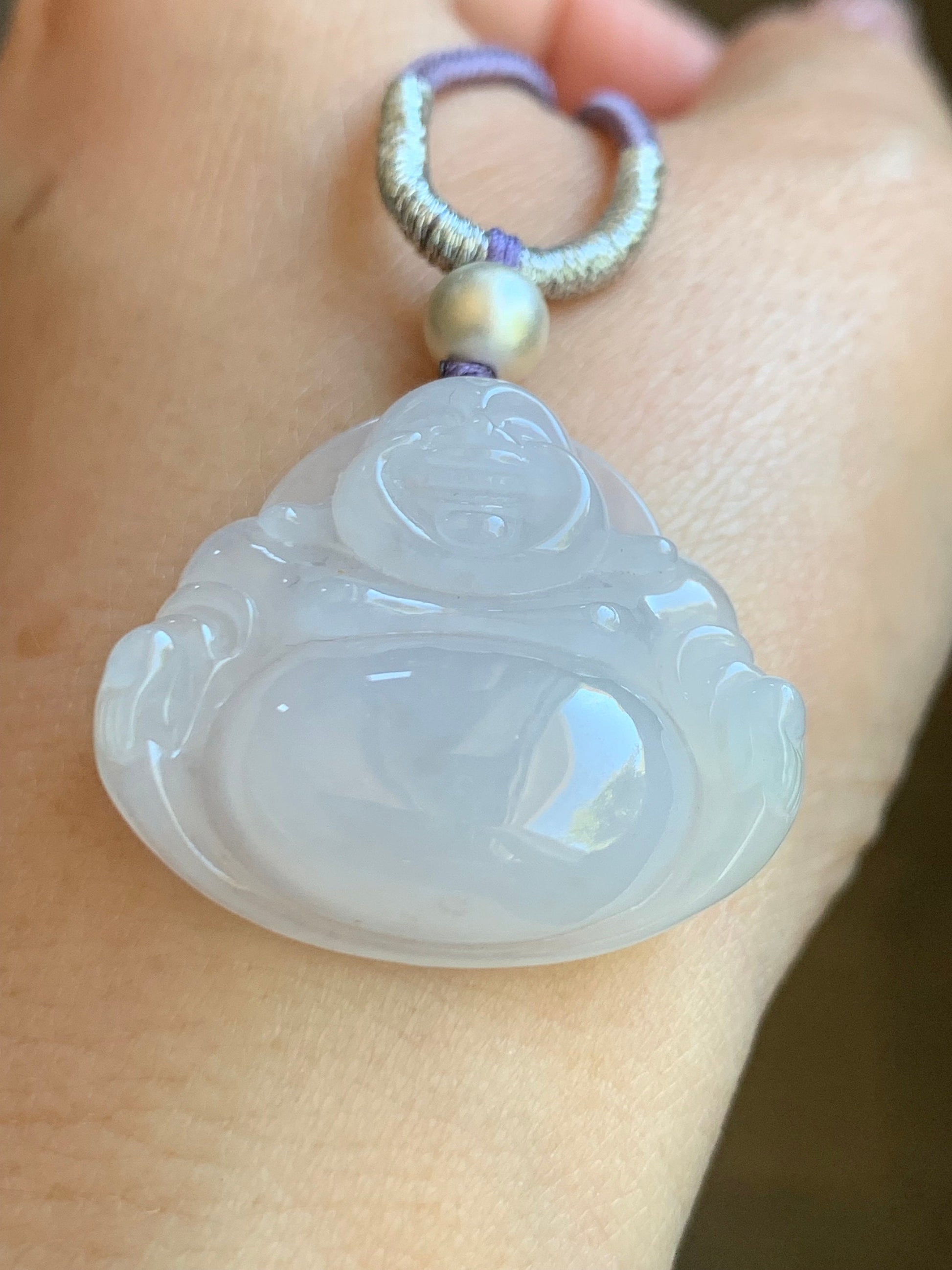 Certified Natural Burmese Icy Translucent Pale Purple Jadeite Buddha Pendant Rope Necklace Sterling Silver 23” 天然缅甸冰淡紫底翡翠佛公吊坠 7076