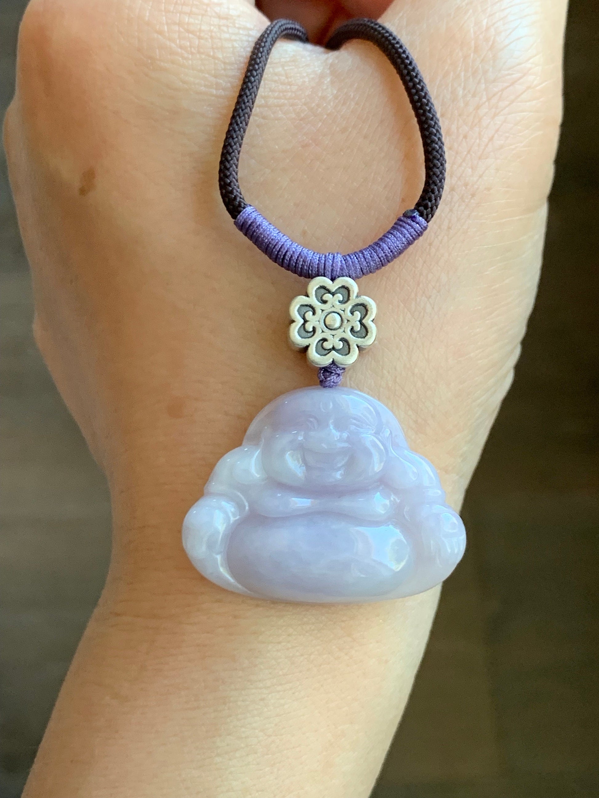 Certified Natural Burmese Icy Translucent Light Purple Jadeite Buddha Pendant Rope Necklace Sterling Silver 30” 天然缅甸冰淡紫底翡翠佛公吊坠 7075