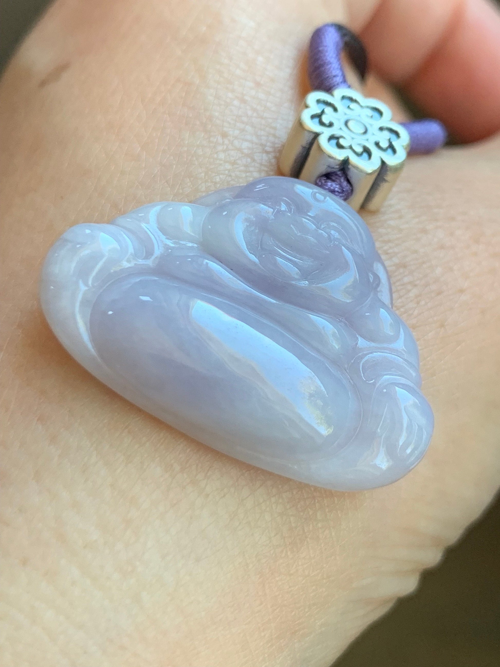 Certified Natural Burmese Icy Translucent Light Purple Jadeite Buddha Pendant Rope Necklace Sterling Silver 30” 天然缅甸冰淡紫底翡翠佛公吊坠 7075