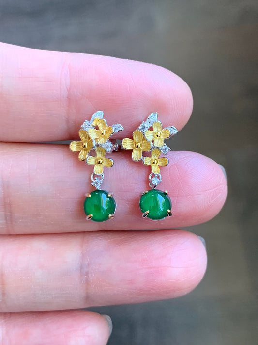 Natural Guatemalan Icy Translucent Vibrant Green Jadeite Spring Flower Stud Earrings Sterling Silver 天然高冰危绿翡翠银镶耳钉