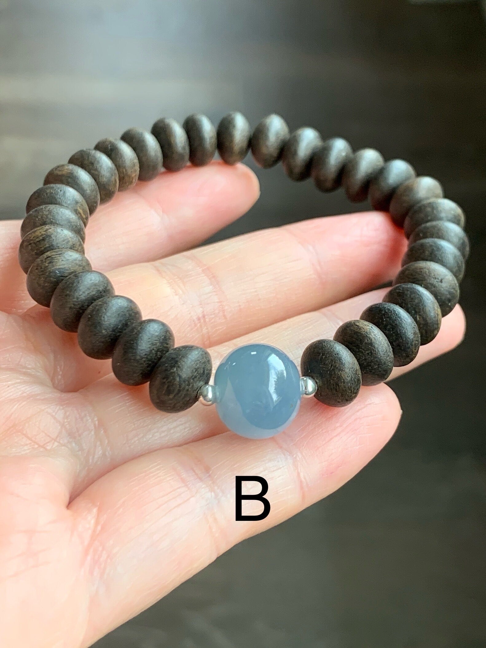 Natural Guatemalan Icy Translucent Gelatinous Dusty Blue Jadeite Apple Bead Agarwood Sterling Silver Beaded Bracelet 7” 天然冰胶危蓝翡翠苹果珠土沉香鼓珠手串