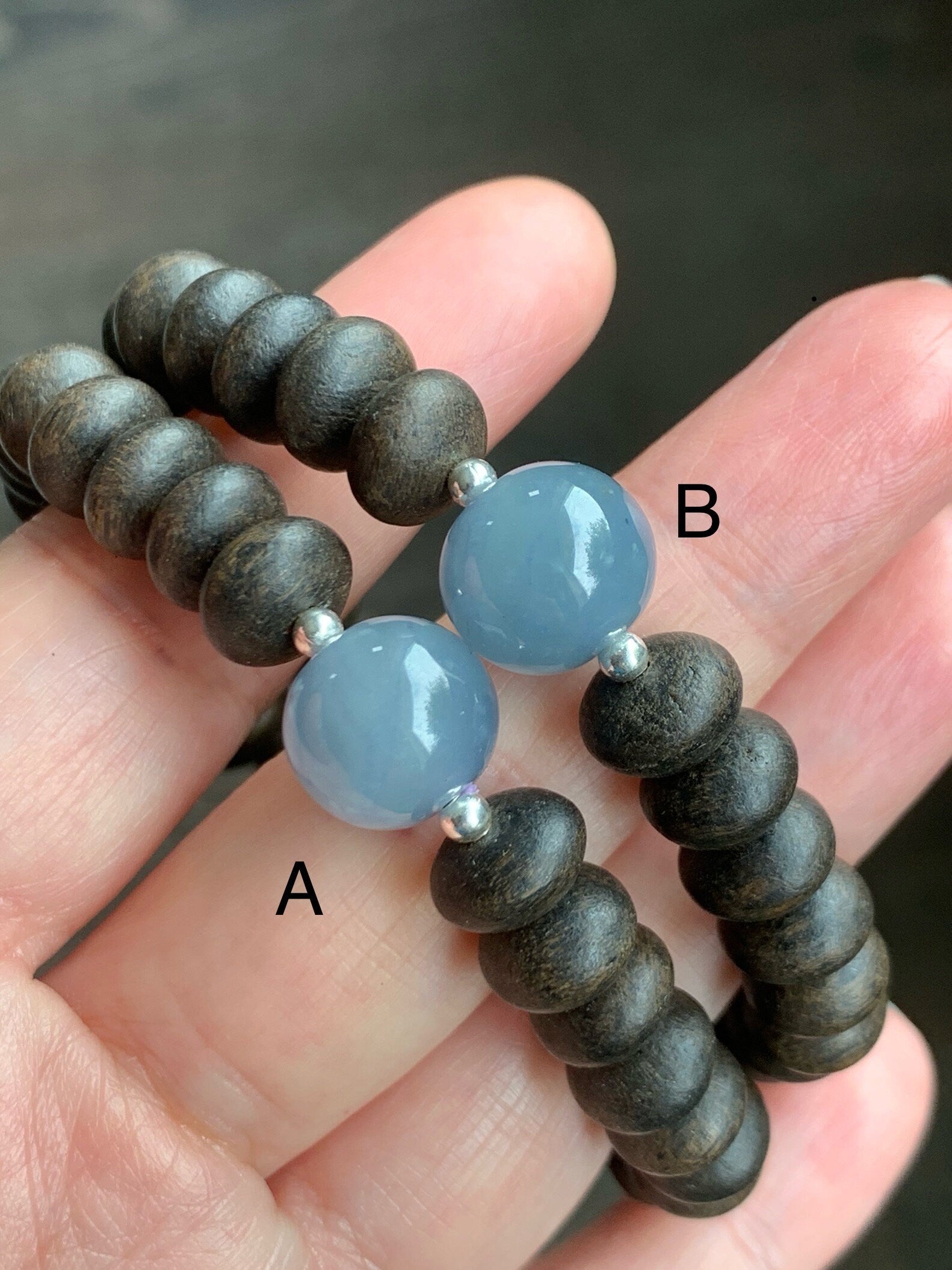 Natural Guatemalan Icy Translucent Gelatinous Dusty Blue Jadeite Apple Bead Agarwood Sterling Silver Beaded Bracelet 7” 天然冰胶危蓝翡翠苹果珠土沉香鼓珠手串