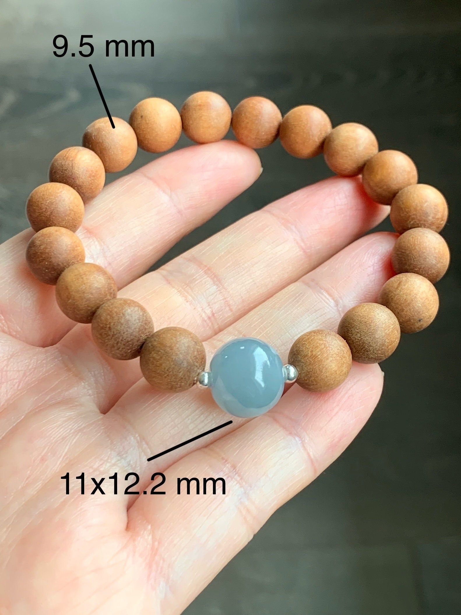 Natural Guatemalan Icy Translucent Gelatinous Dusty Blue Jadeite Apple Bead Wood Beads Sterling Silver Beaded Bracelet 7” 天然冰胶危蓝翡翠苹果珠木珠手串