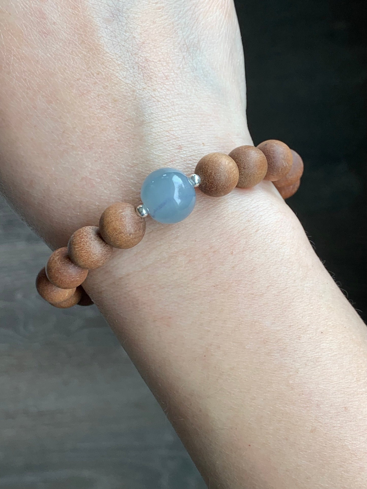 Natural Guatemalan Icy Translucent Gelatinous Dusty Blue Jadeite Apple Bead Wood Beads Sterling Silver Beaded Bracelet 7” 天然冰胶危蓝翡翠苹果珠木珠手串