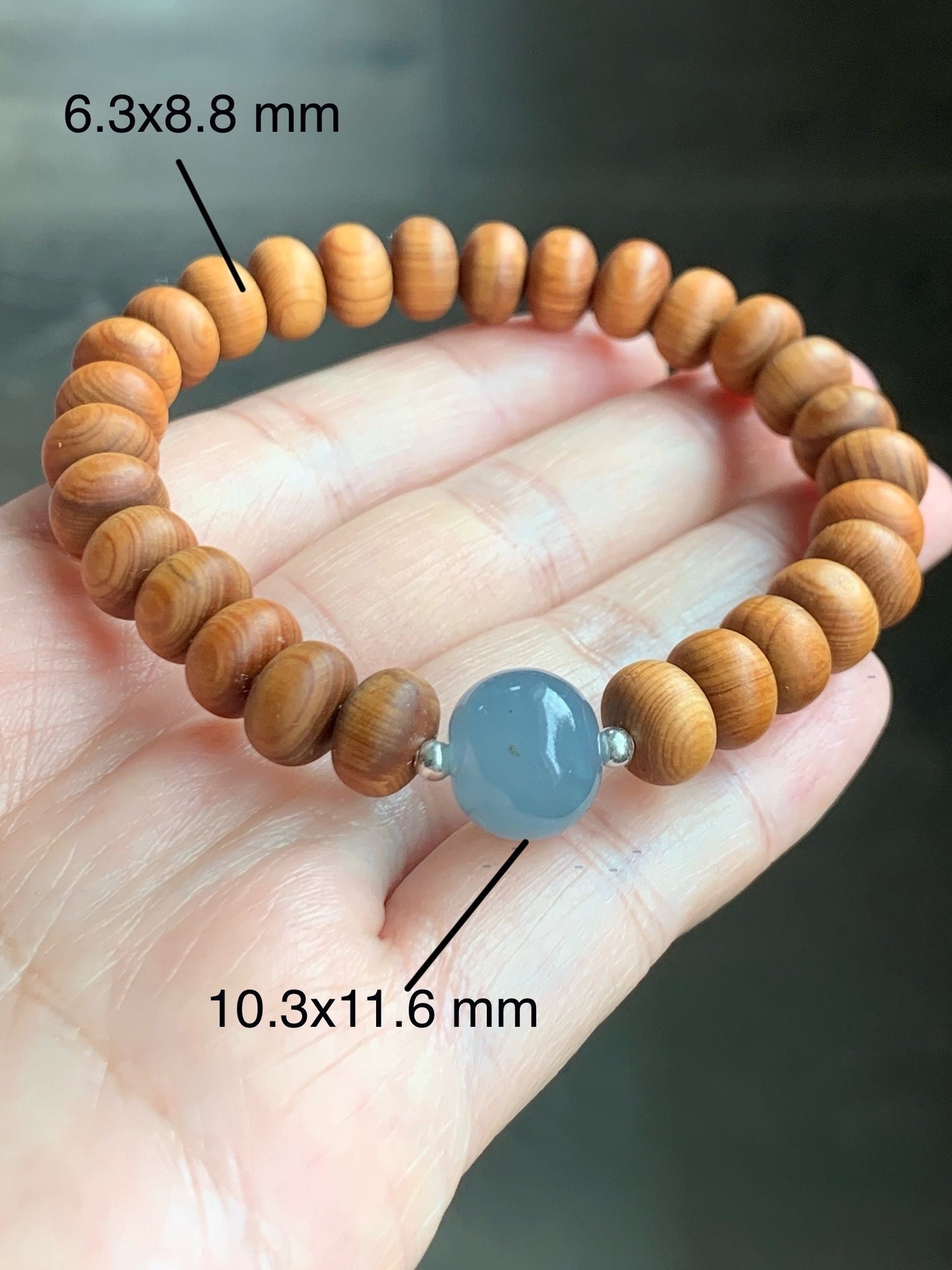 Natural Guatemalan Icy Translucent Gelatinous Dusty Blue Jadeite Apple Bead Wood Beads Sterling Silver Beaded Bracelet 7” 天然冰胶危蓝翡翠苹果珠木珠手串