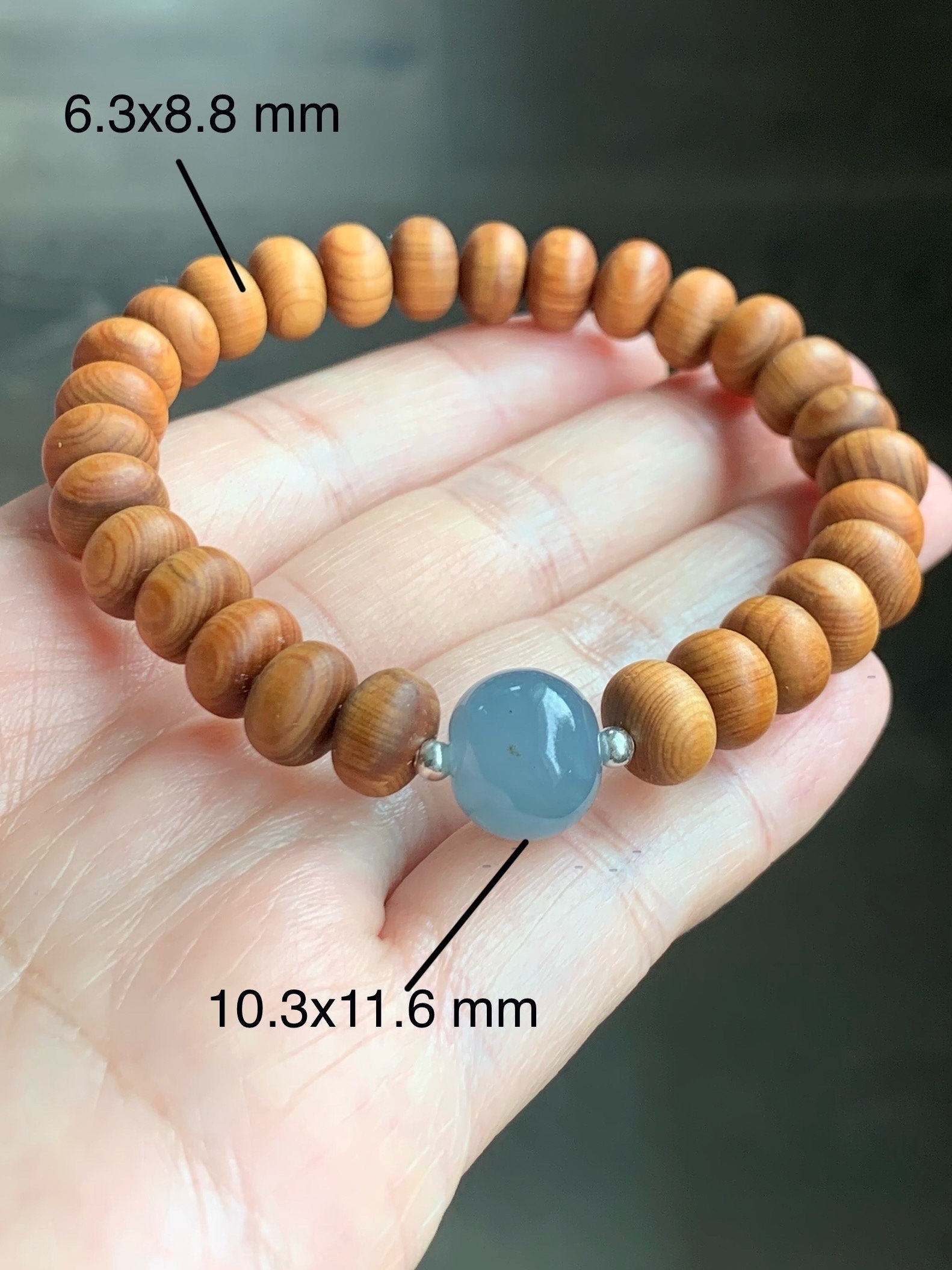 Natural Guatemalan Icy Translucent Gelatinous Dusty Blue Jadeite Apple Bead Wood Beads Sterling Silver Beaded Bracelet 7” 天然冰胶危蓝翡翠苹果珠木珠手串