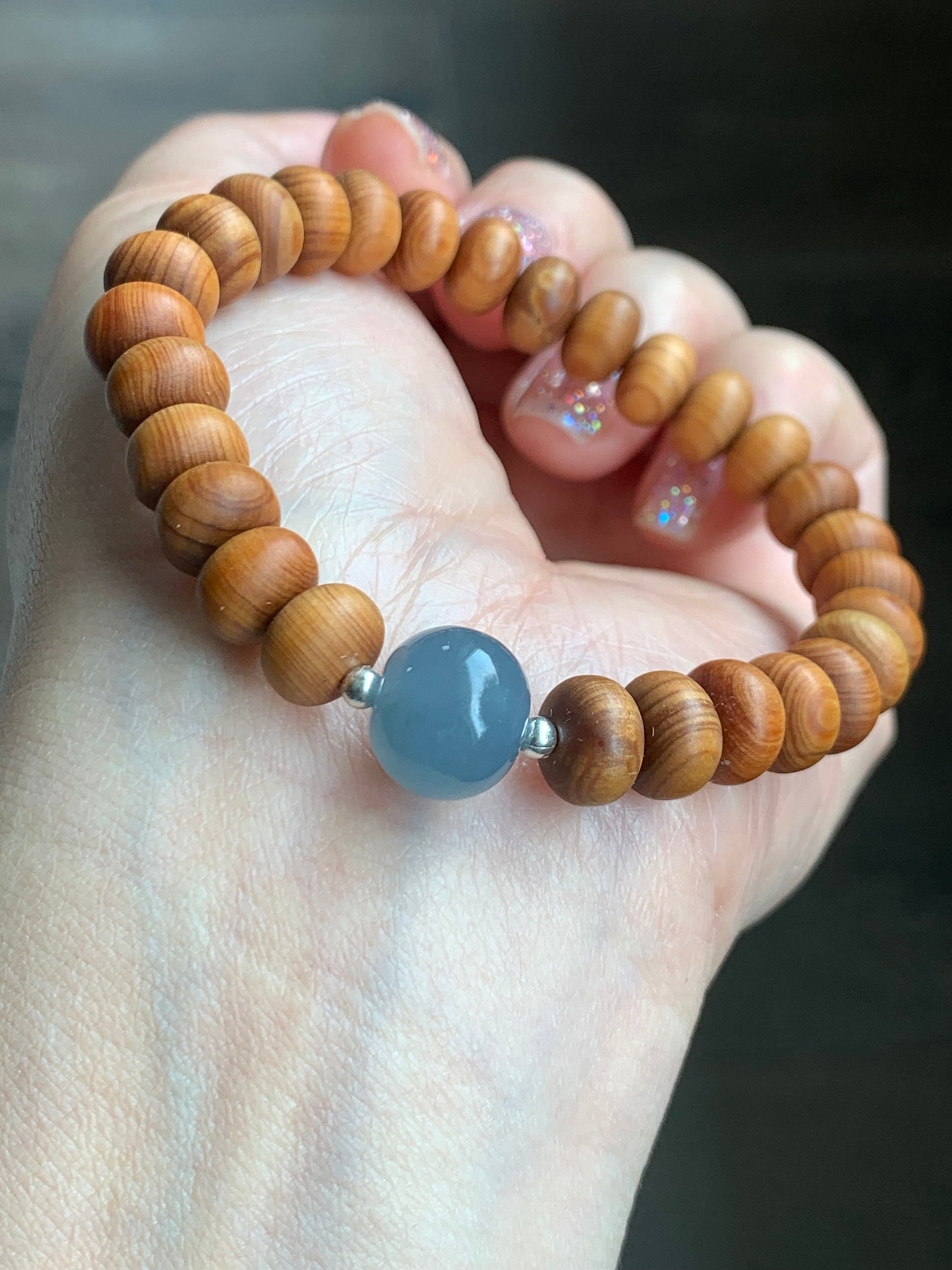 Natural Guatemalan Icy Translucent Gelatinous Dusty Blue Jadeite Apple Bead Wood Beads Sterling Silver Beaded Bracelet 7” 天然冰胶危蓝翡翠苹果珠木珠手串