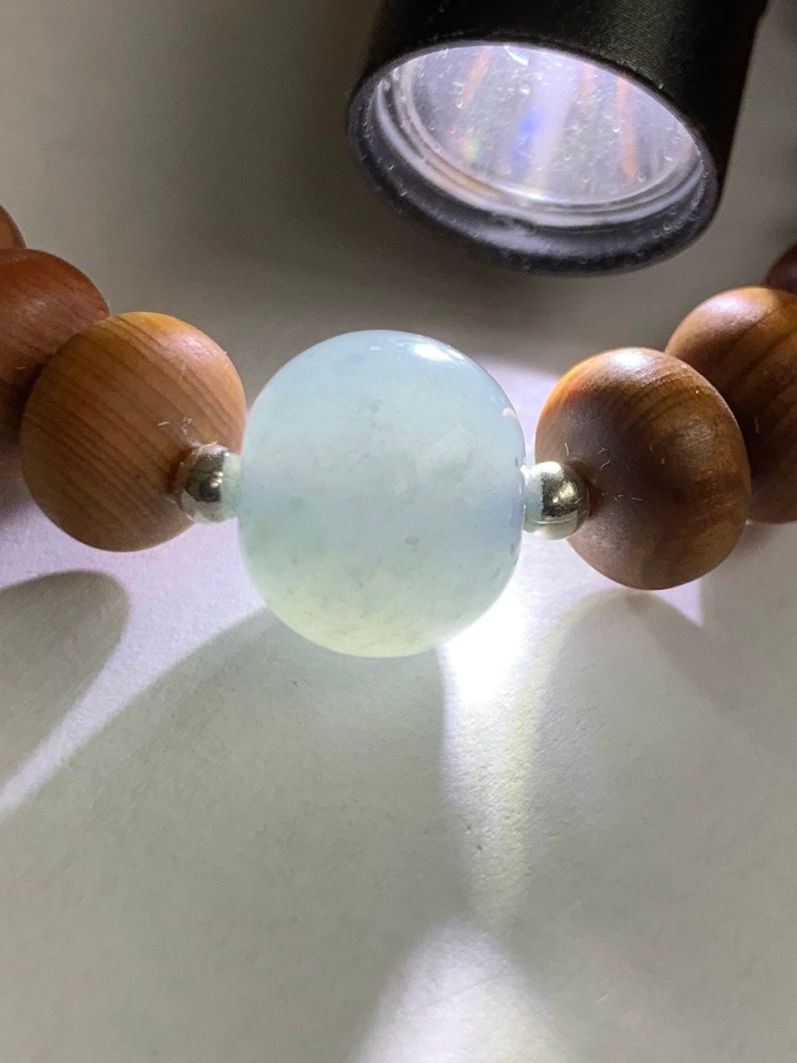 Natural Guatemalan Icy Translucent Gelatinous Dusty Blue Jadeite Apple Bead Wood Beads Sterling Silver Beaded Bracelet 7” 天然冰胶危蓝翡翠苹果珠木珠手串