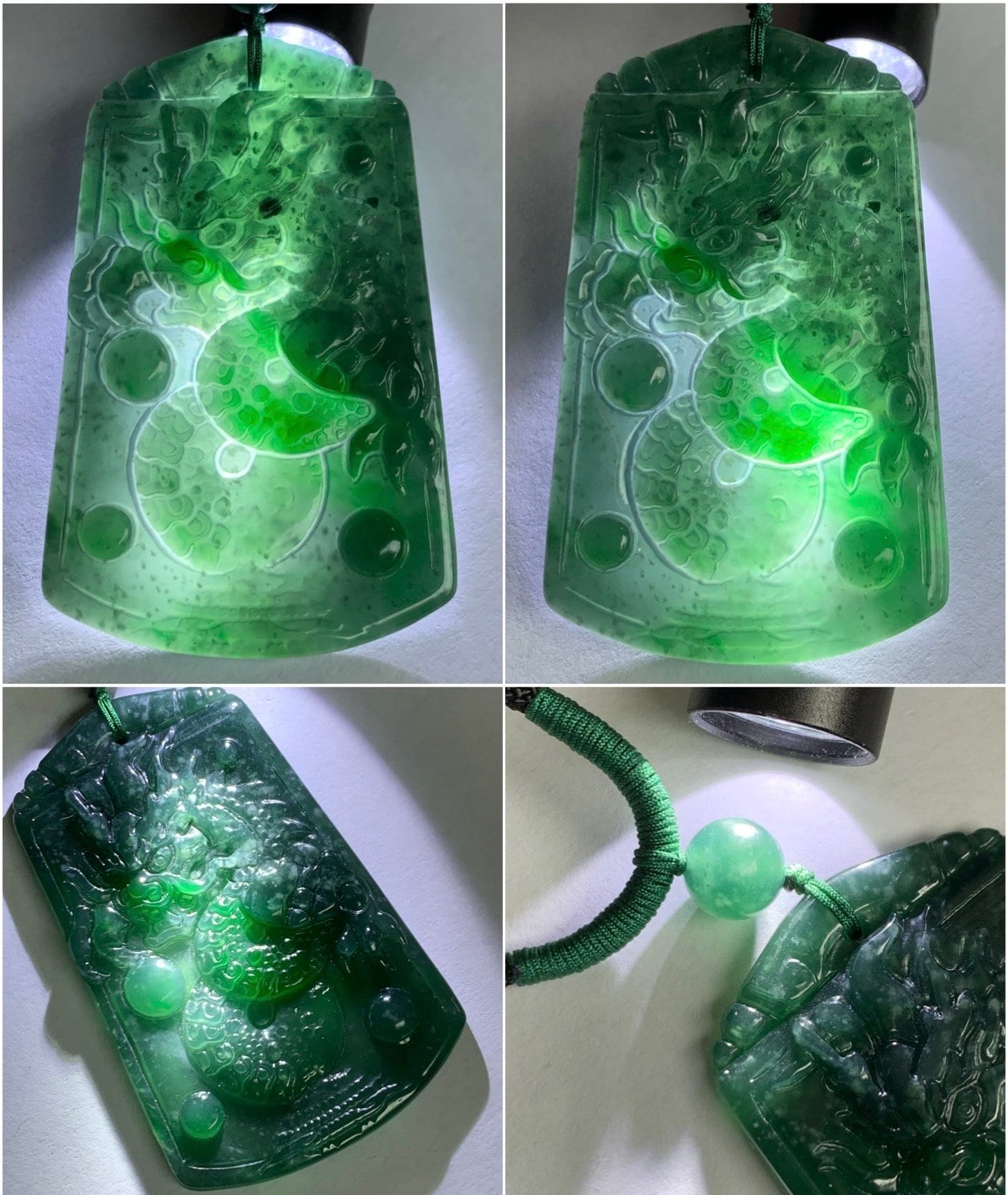 Natural Guatemalan Icy Translucent Teal Green Jadeite Vibrant Green Marbling Dragon Pendant Rope Necklace 32" Adjustable 21g 天然冰危湖水蓝飘绿翡翠龙牌吊坠