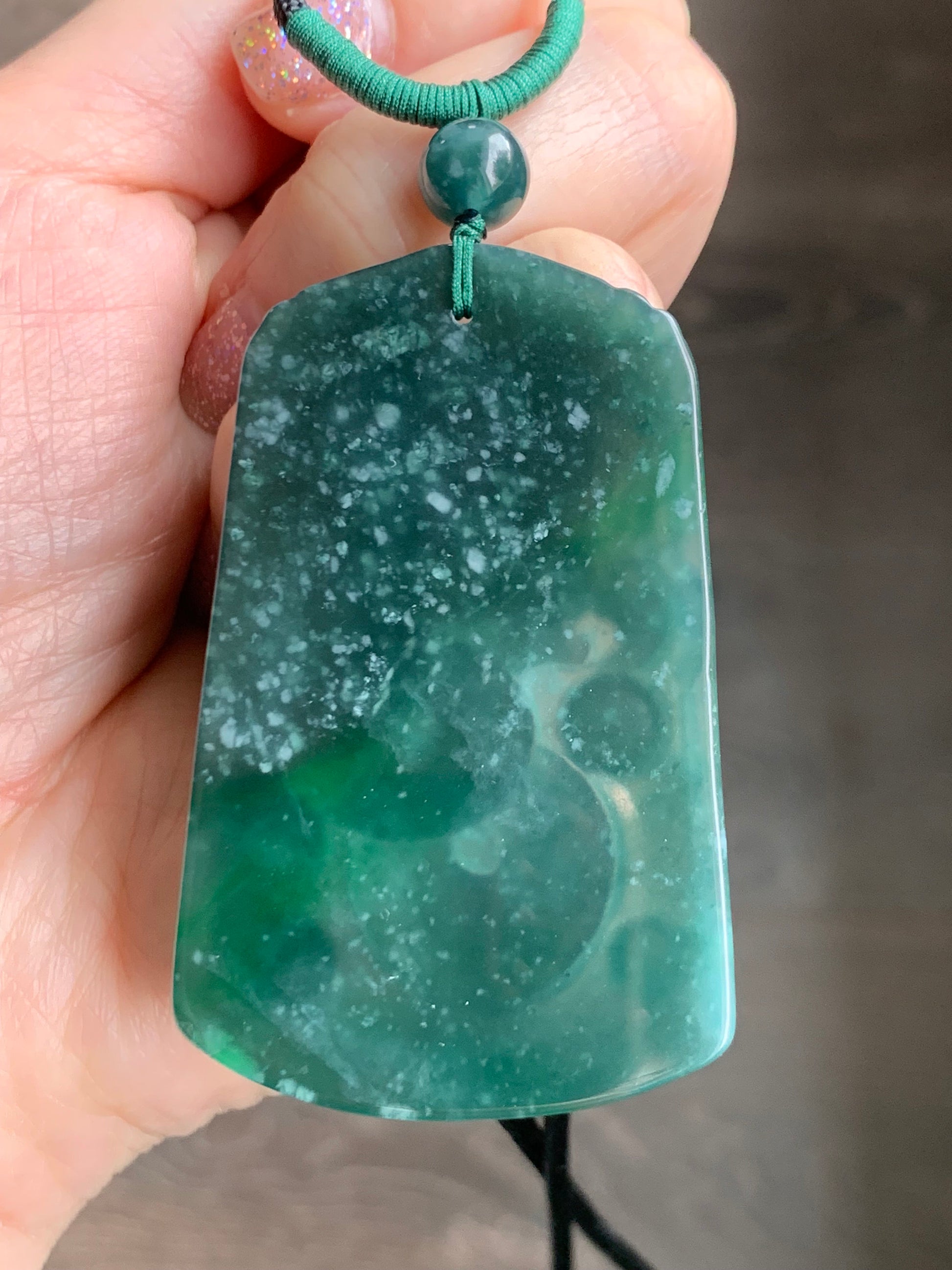 Natural Guatemalan Icy Translucent Teal Green Jadeite Vibrant Green Marbling Dragon Pendant Rope Necklace 32" Adjustable 21g 天然冰危湖水蓝飘绿翡翠龙牌吊坠