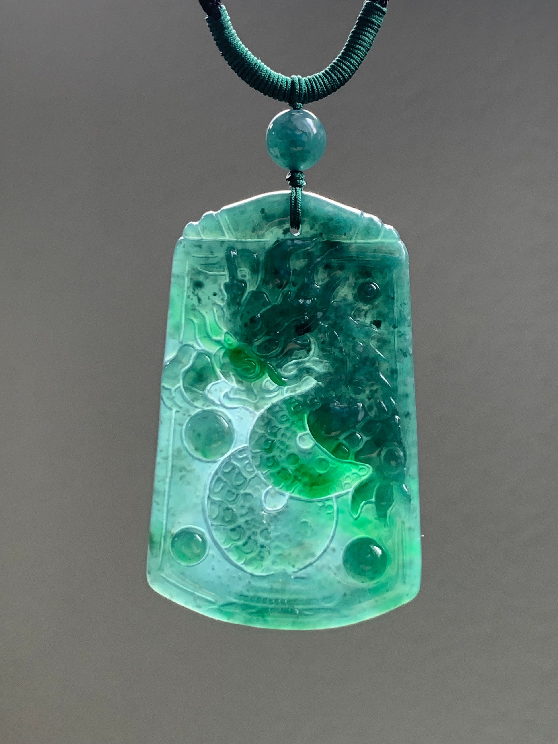 Natural Guatemalan Icy Translucent Teal Green Jadeite Vibrant Green Marbling Dragon Pendant Rope Necklace 32" Adjustable 21g 天然冰危湖水蓝飘绿翡翠龙牌吊坠