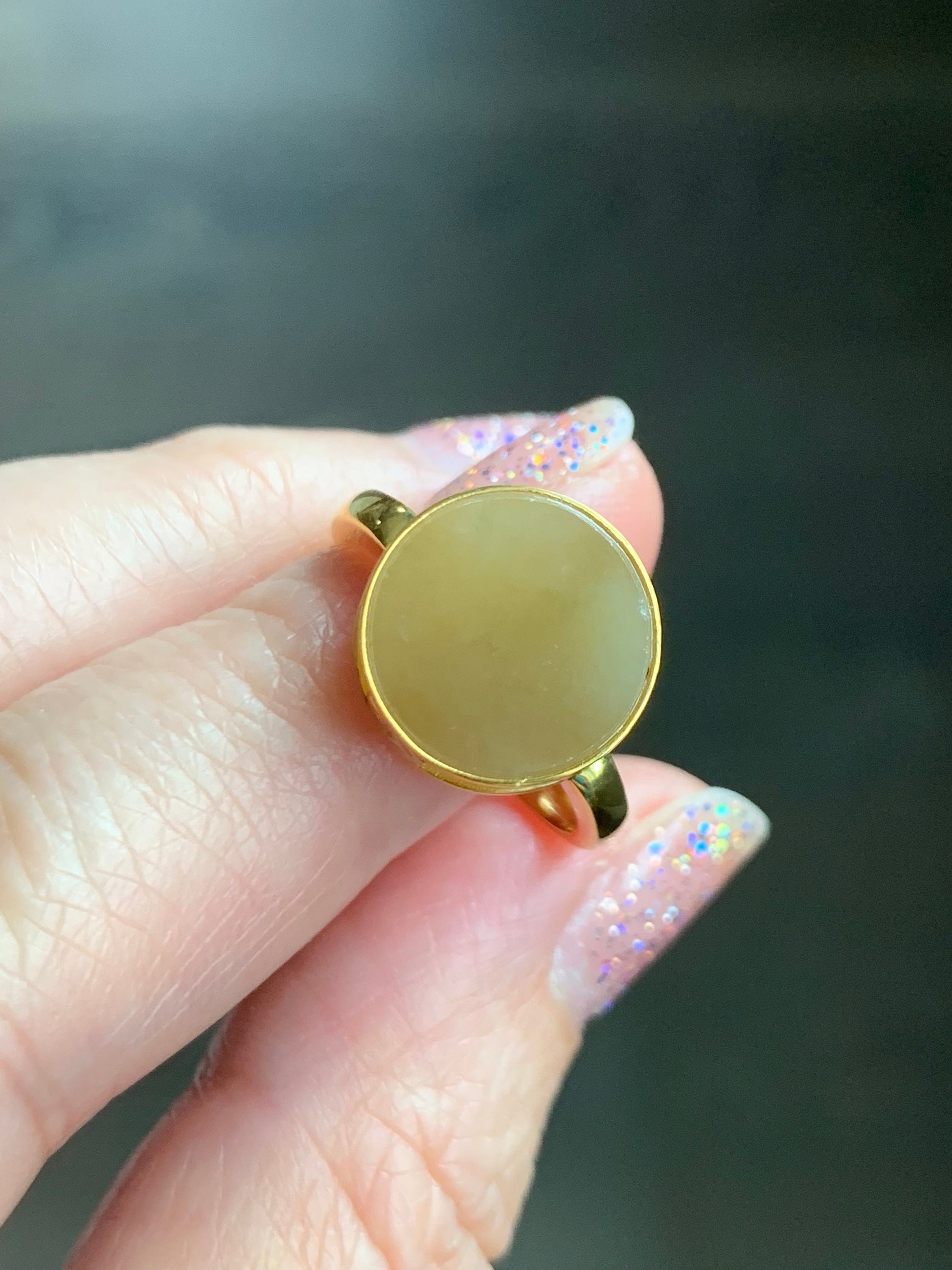 Certified Natural Burmese Icy Translucent Yellow Jadeite Round Wu Shi Pai Disc Ring Size 7.25 18K Yellow Gold 4.2g 天然老种缅甸冰黄翡翠无事牌镶嵌戒指 7042