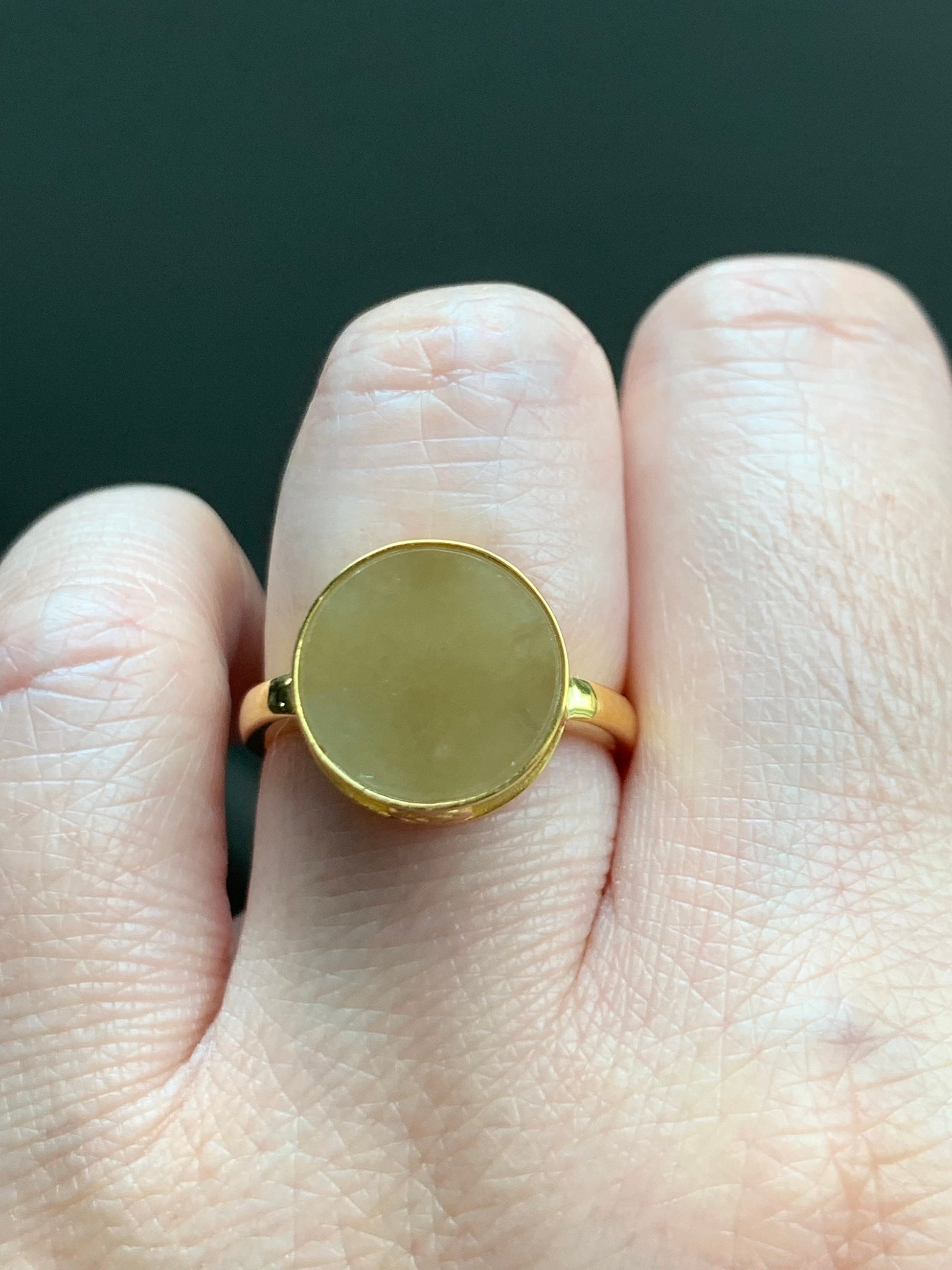 Certified Natural Burmese Icy Translucent Yellow Jadeite Round Wu Shi Pai Disc Ring Size 7.25 18K Yellow Gold 4.2g 天然老种缅甸冰黄翡翠无事牌镶嵌戒指 7042