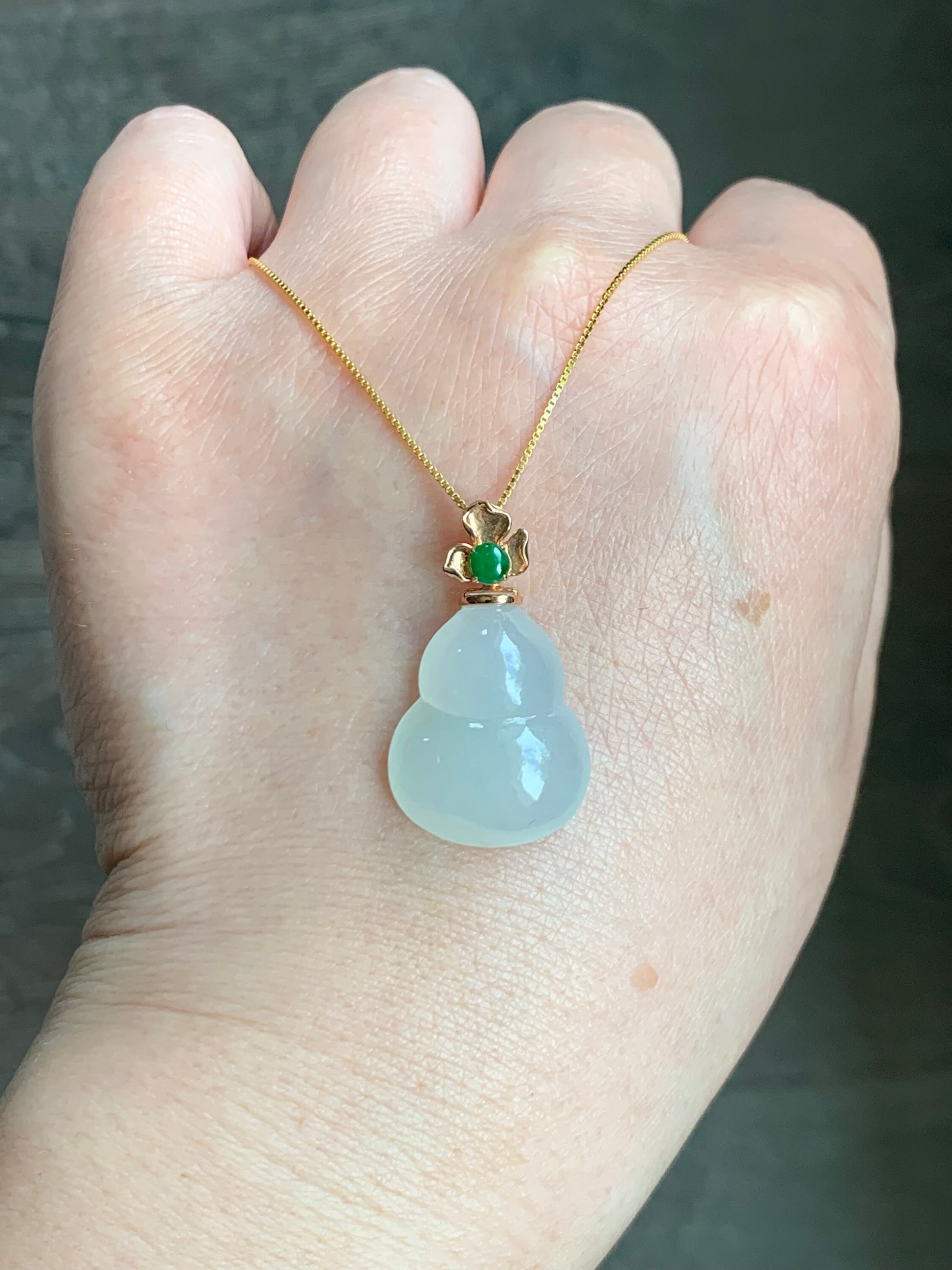 Certified Natural Burmese Icy Translucent Gelatinous White Jadeite Hulu Gourd Pendant Green Jadeite Floral Bail 18K R Gold 天然缅甸老种起光翡翠葫芦镶嵌吊坠