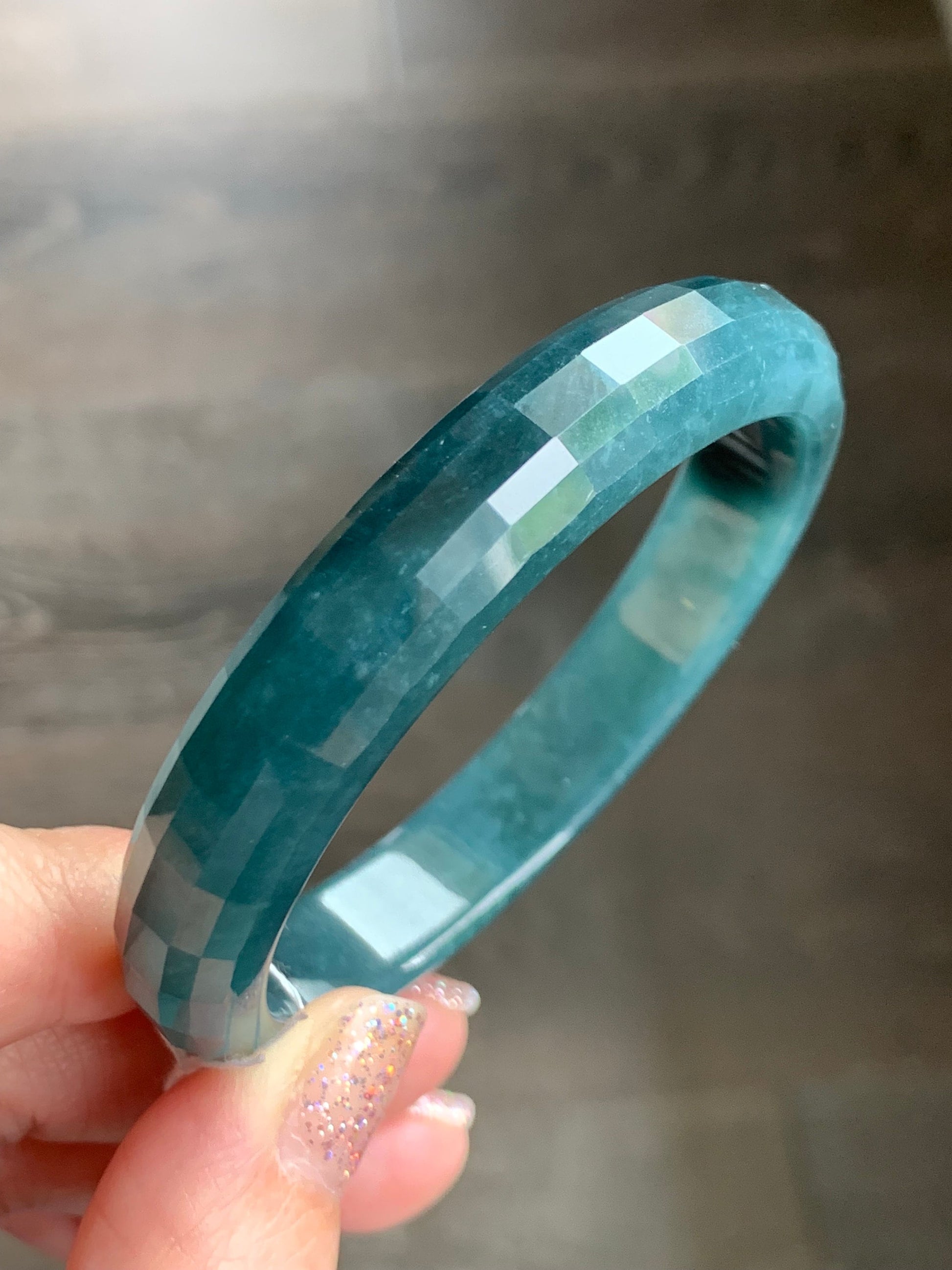 Certified Natural Guatemalan Icy Translucent Dark Blue Jeans Jadeite Faceted Bangle Bracelet 56.5mm 11.4x6.3mm 40.4g 天然老种冰危牛仔蓝翡翠正圈切割面手镯 7088