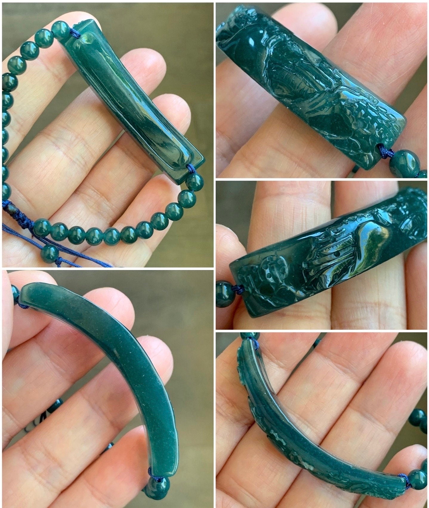 Natural Guatemalan Icy Translucent Gelatinous Deep Teal Blue Purple Marbled Jadeite Shan Shui Cuff Beaded Bracelet 6.75” 15g 天然冰危湖水绿翡翠山水牌手串