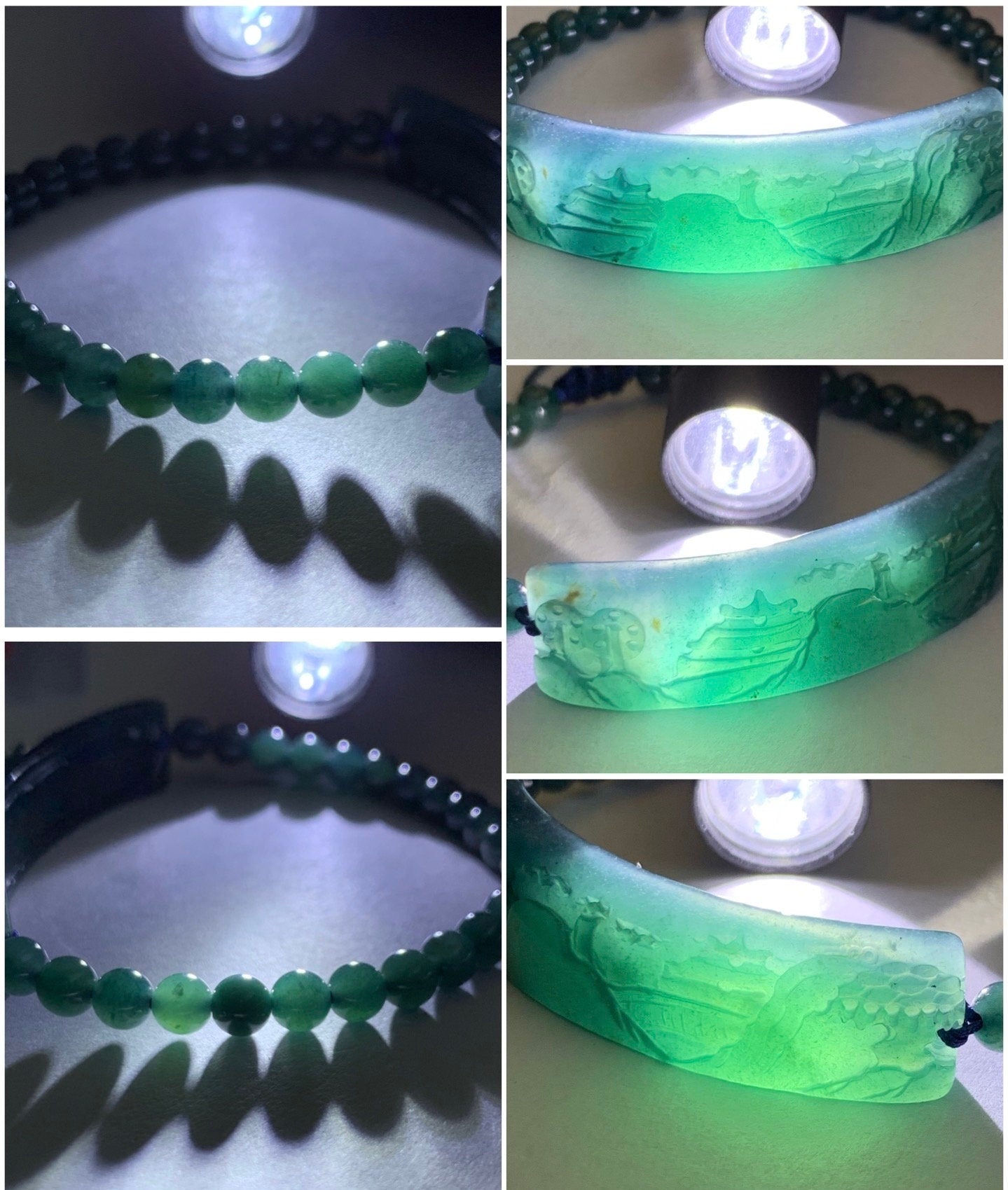 Natural Guatemalan Icy Translucent Gelatinous Deep Teal Blue Purple Marbled Jadeite Shan Shui Cuff Beaded Bracelet 6.75” 15g 天然冰危湖水绿翡翠山水牌手串