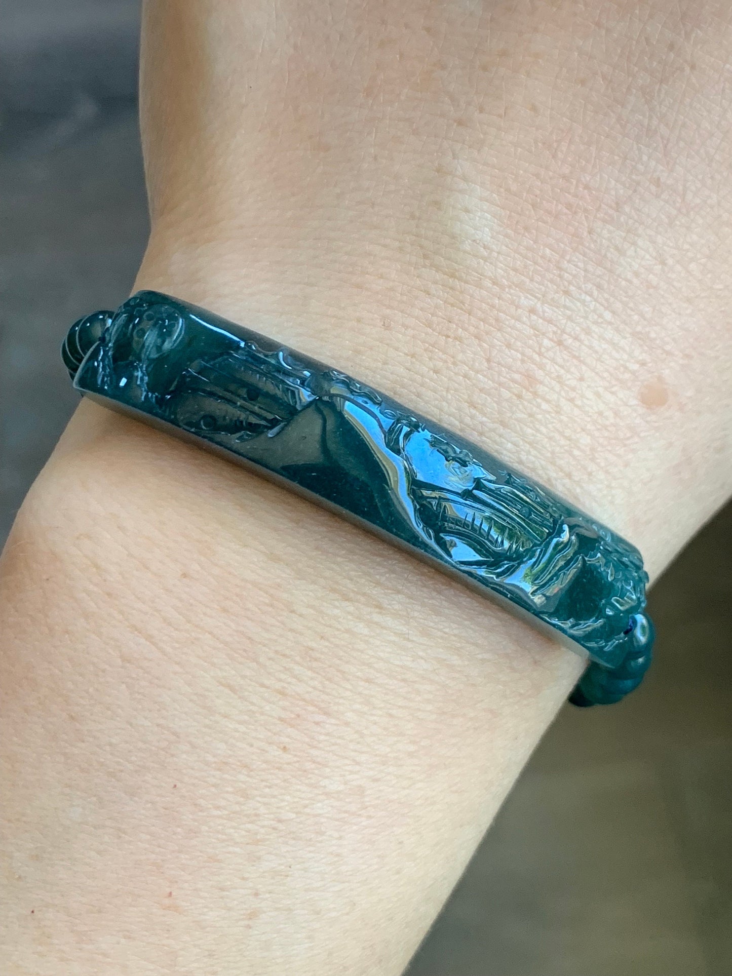 Natural Guatemalan Icy Translucent Gelatinous Deep Teal Blue Purple Marbled Jadeite Shan Shui Cuff Beaded Bracelet 6.75” 15g 天然冰危湖水绿翡翠山水牌手串