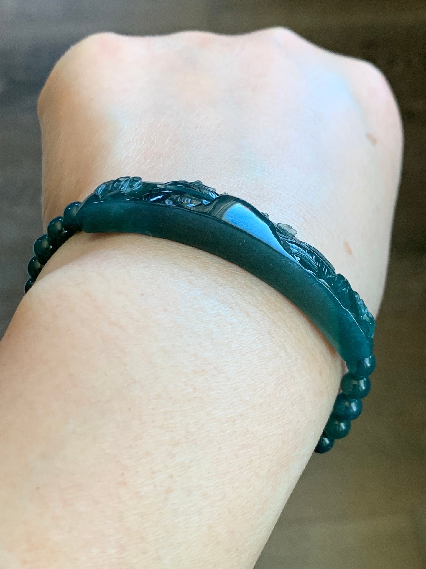 Natural Guatemalan Icy Translucent Gelatinous Deep Teal Blue Purple Marbled Jadeite Shan Shui Cuff Beaded Bracelet 6.75” 15g 天然冰危湖水绿翡翠山水牌手串