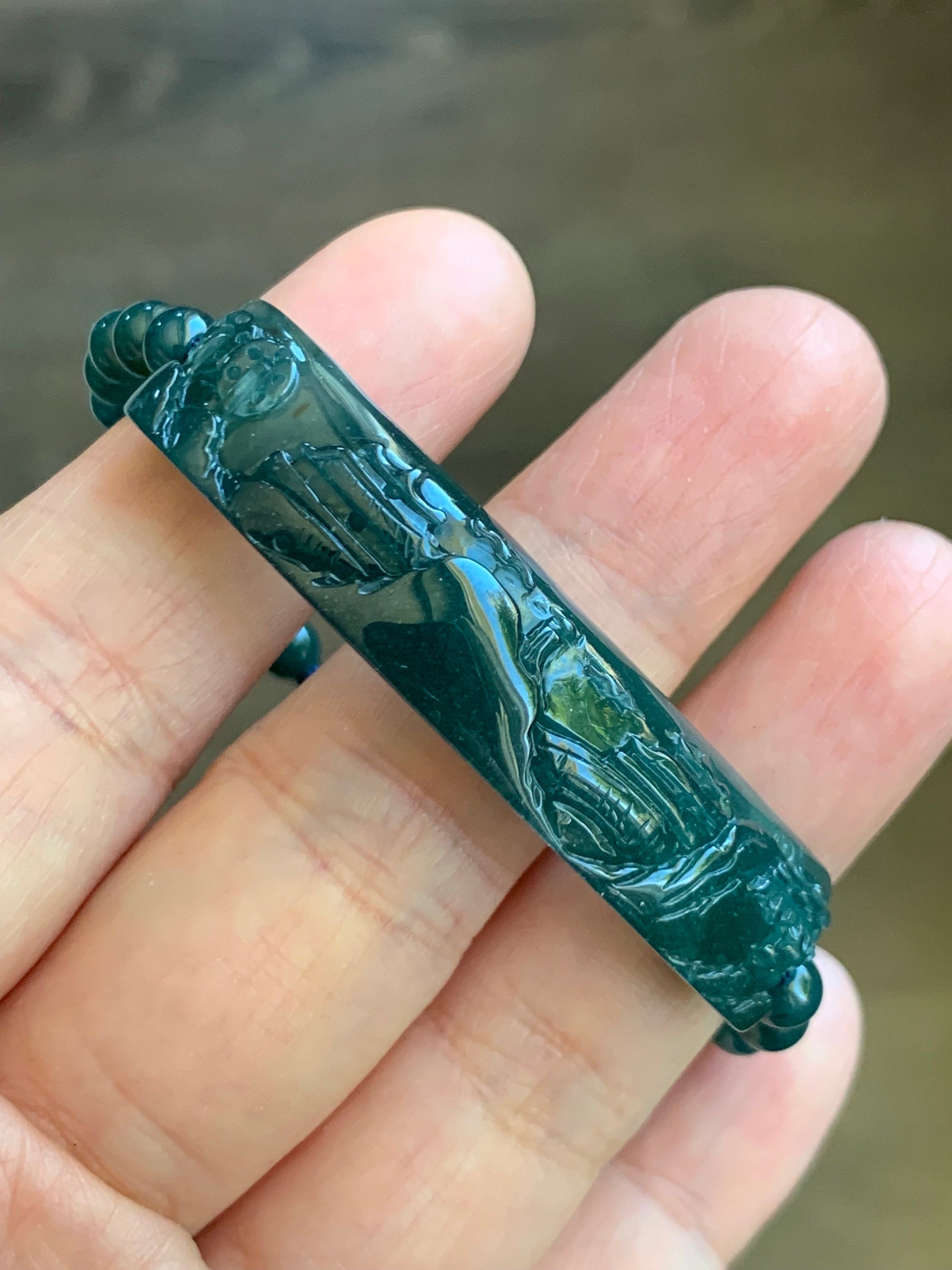 Natural Guatemalan Icy Translucent Gelatinous Deep Teal Blue Purple Marbled Jadeite Shan Shui Cuff Beaded Bracelet 6.75” 15g 天然冰危湖水绿翡翠山水牌手串