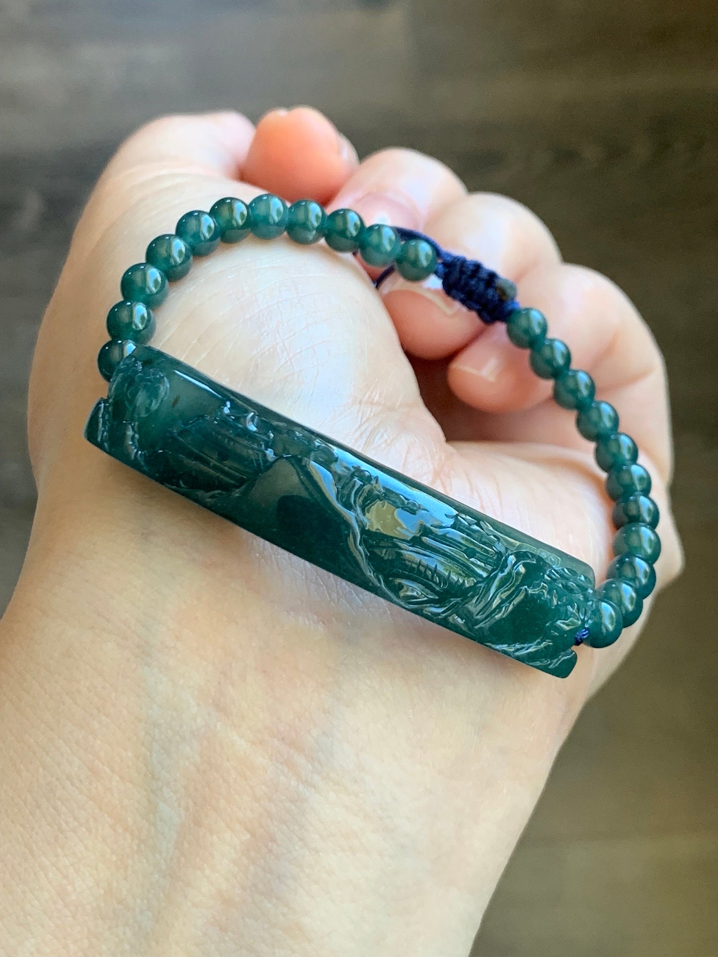 Natural Guatemalan Icy Translucent Gelatinous Deep Teal Blue Purple Marbled Jadeite Shan Shui Cuff Beaded Bracelet 6.75” 15g 天然冰危湖水绿翡翠山水牌手串