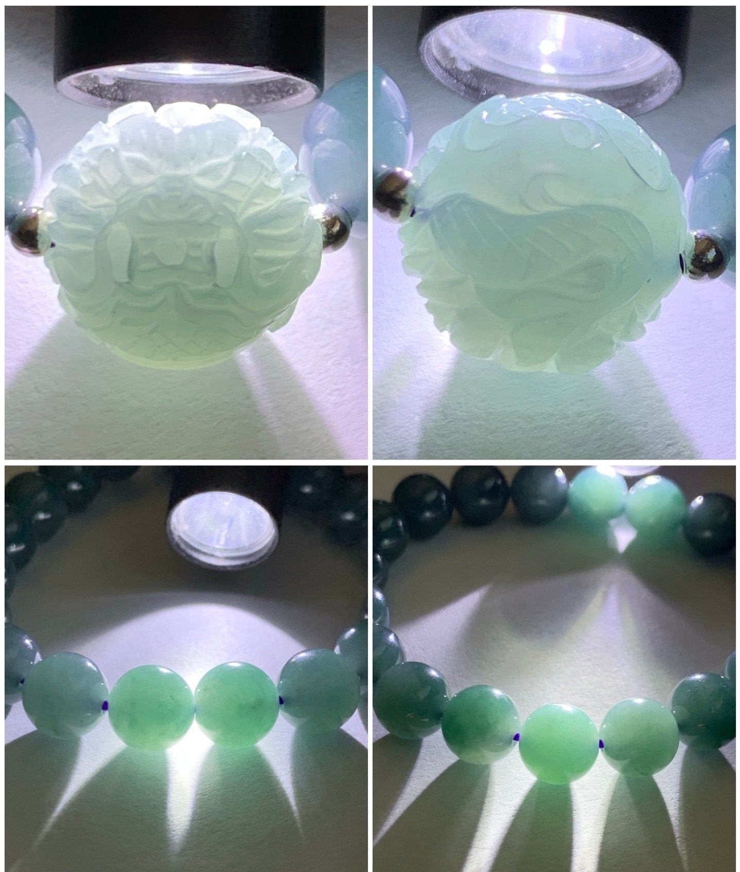 Natural Guatemalan Icy Translucent Gelatinous Blue Jadeite Engraved Dragon Bead Beaded Bracelet 7" Sterling Silver 34g 天然冰胶危蓝翡翠龙珠手串 SWLZ36