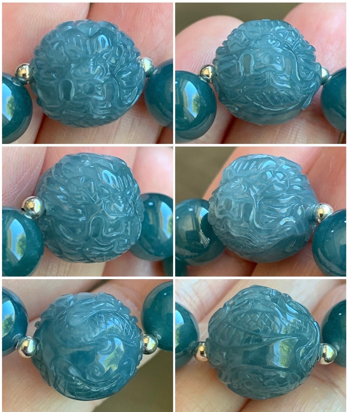 Natural Guatemalan Icy Translucent Gelatinous Blue Jadeite Engraved Dragon Bead Beaded Bracelet 7" Sterling Silver 34g 天然冰胶危蓝翡翠龙珠手串 SWLZ36