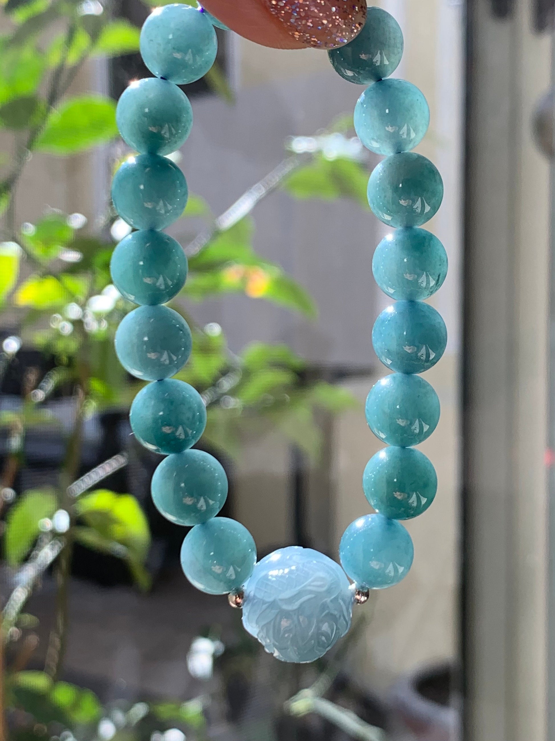 Natural Guatemalan Icy Translucent Gelatinous Blue Jadeite Engraved Dragon Bead Beaded Bracelet 7" Sterling Silver 34g 天然冰胶危蓝翡翠龙珠手串 SWLZ36
