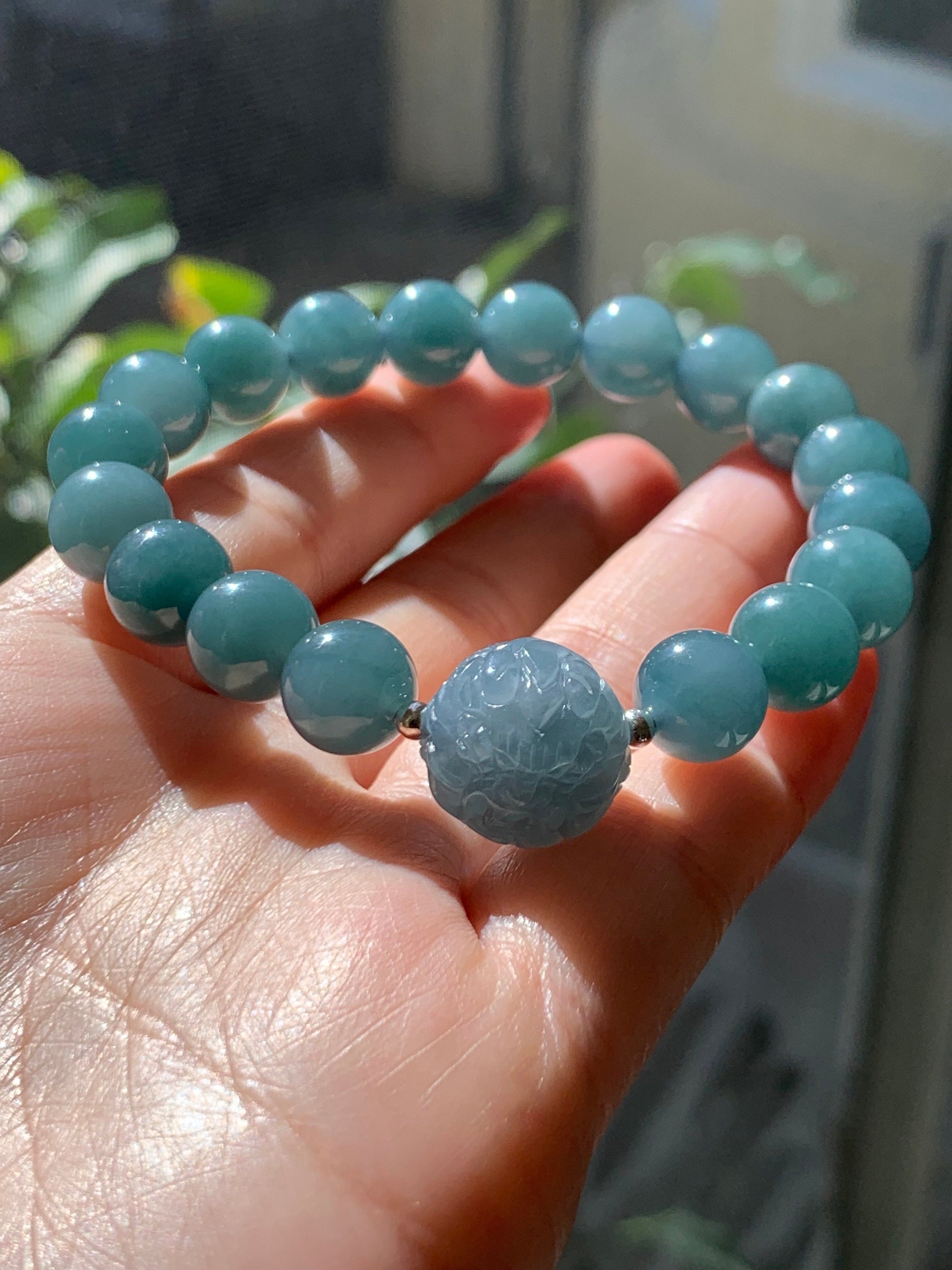 Natural Guatemalan Icy Translucent Gelatinous Blue Jadeite Engraved Dragon Bead Beaded Bracelet 7" Sterling Silver 34g 天然冰胶危蓝翡翠龙珠手串 SWLZ36