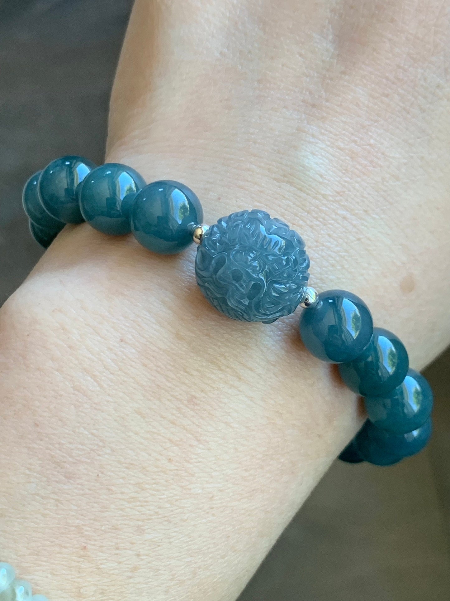 Natural Guatemalan Icy Translucent Gelatinous Blue Jadeite Engraved Dragon Bead Beaded Bracelet 7" Sterling Silver 34g 天然冰胶危蓝翡翠龙珠手串 SWLZ36
