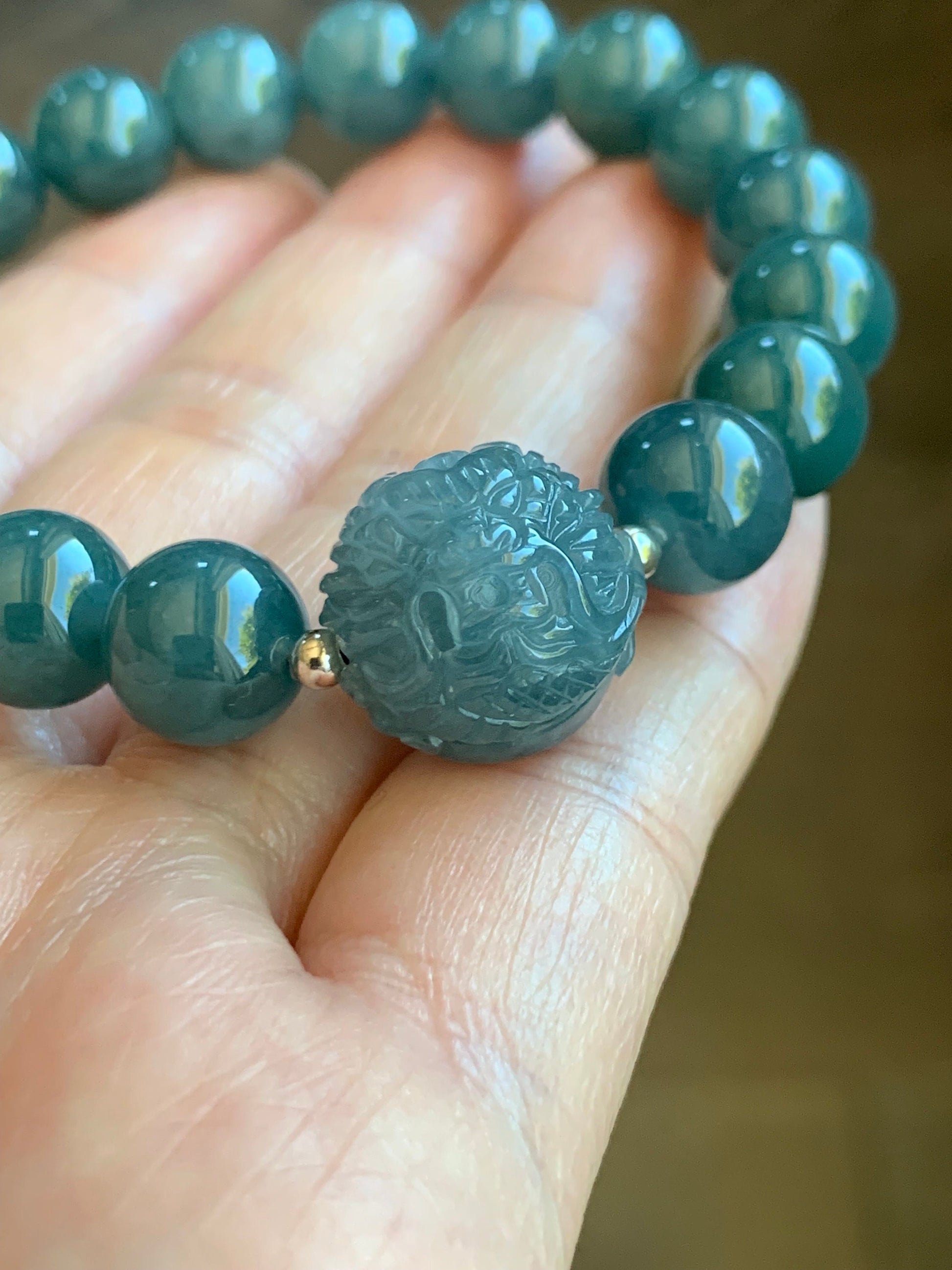 Natural Guatemalan Icy Translucent Gelatinous Blue Jadeite Engraved Dragon Bead Beaded Bracelet 7" Sterling Silver 34g 天然冰胶危蓝翡翠龙珠手串 SWLZ36