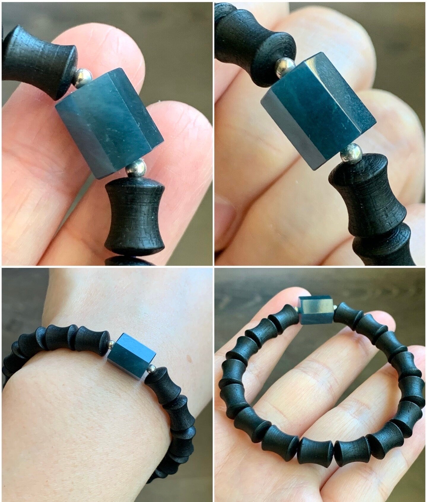 Natural Guatemalan Icy Translucent Indigo Blue Jadeite Hexagonal Prism Bead Vietnamese Agarwood Beaded Bracelet 6.75” 天然冰危牛仔蓝翡翠六棱珠越南土沉香木珠手串