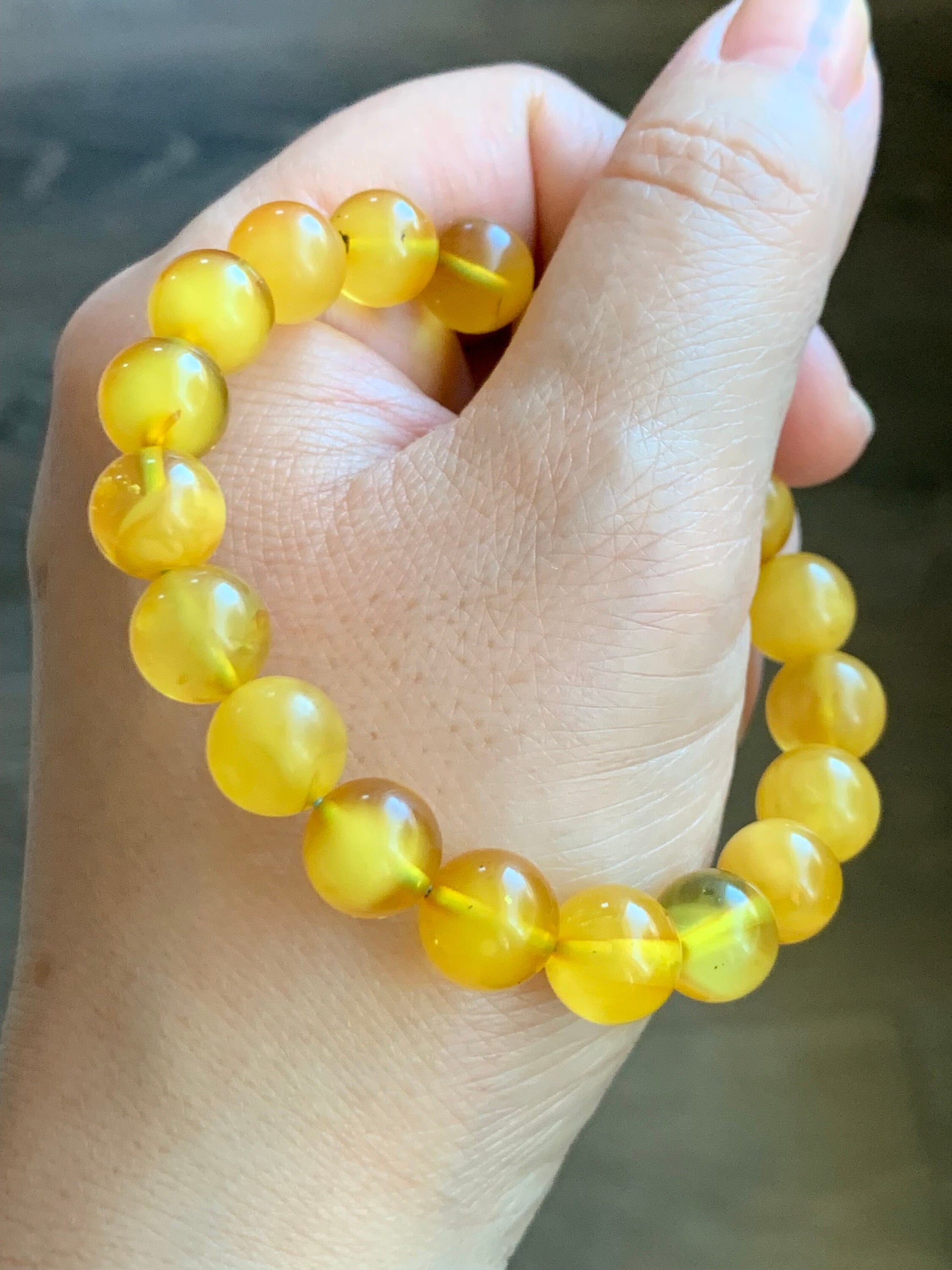 Natural Guatemalan Icy Translucent Blue Jadeite Barrel Bead Fossilized Honeybee Wax Tree Resin Beads Beaded Bracelet 6.75" 12g 天然冰危蓝翡翠珠蜜蜡珠手串