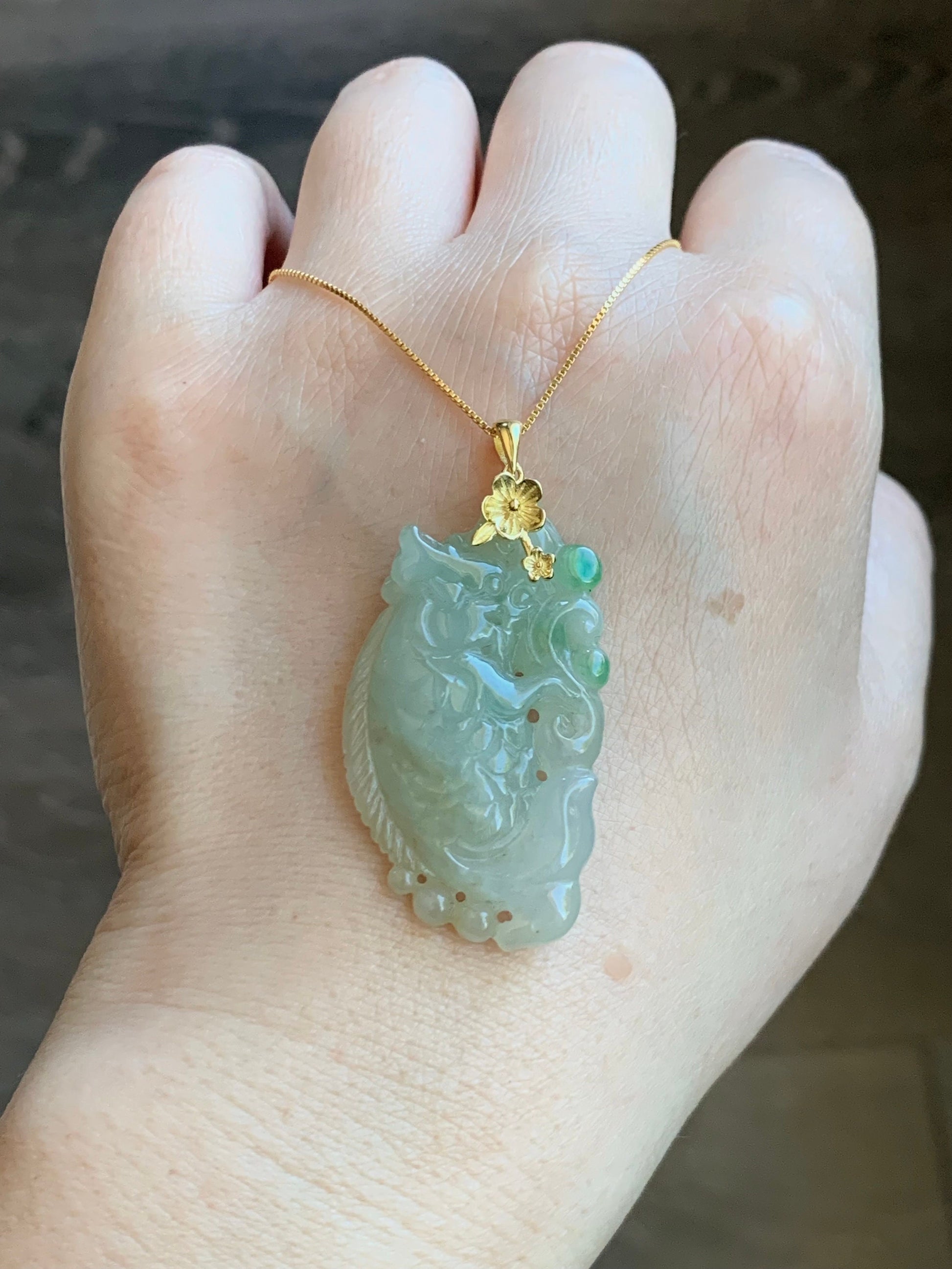 Natural Burmese Icy Translucent Tea Yellow & Vibrant Green Jadeite Carved Dragon Fish Ruyi Pendant Sterling Silver 天然缅甸冰茶黄飘绿花翡翠鳌鱼如意吊坠