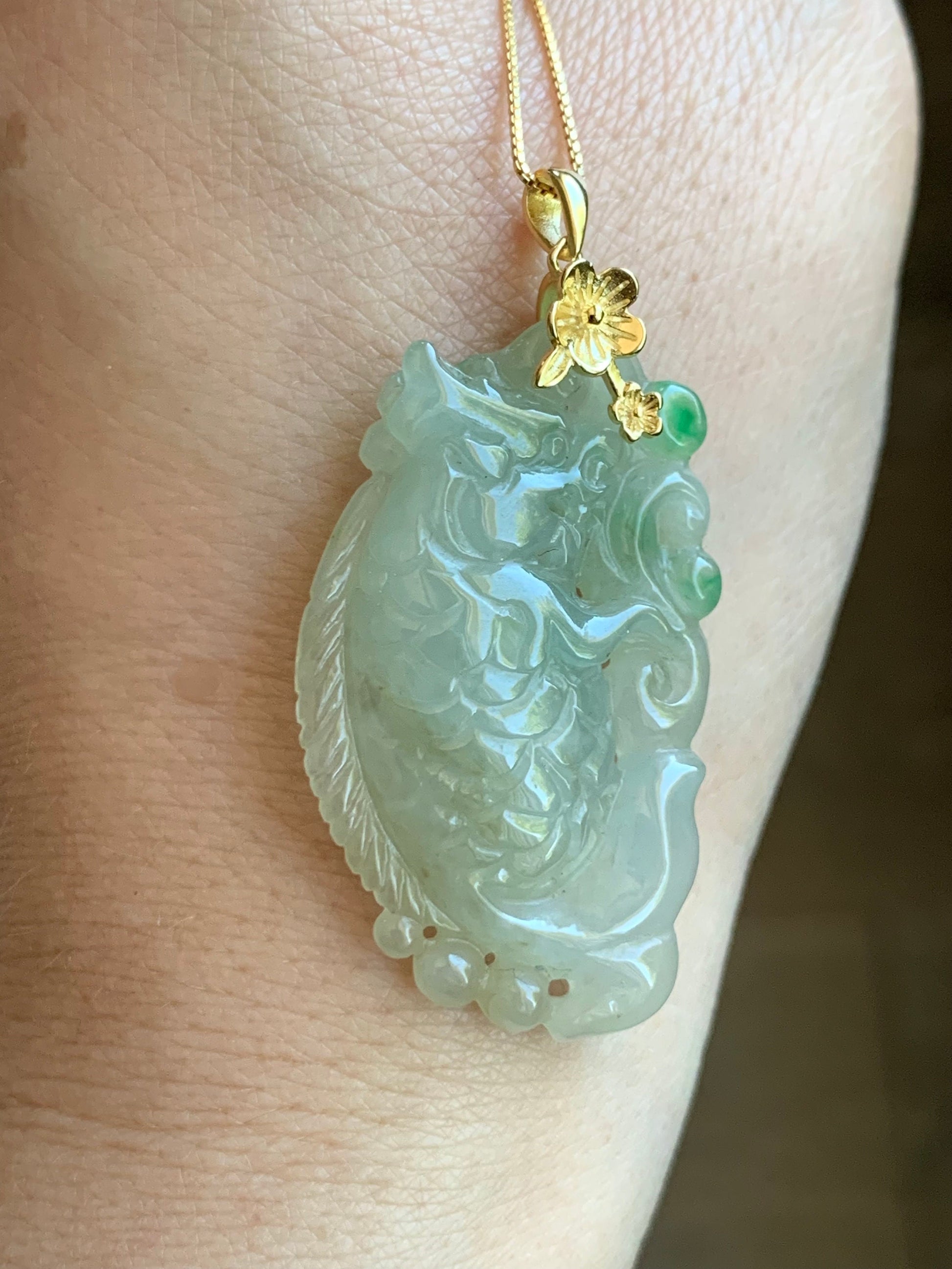 Natural Burmese Icy Translucent Tea Yellow & Vibrant Green Jadeite Carved Dragon Fish Ruyi Pendant Sterling Silver 天然缅甸冰茶黄飘绿花翡翠鳌鱼如意吊坠