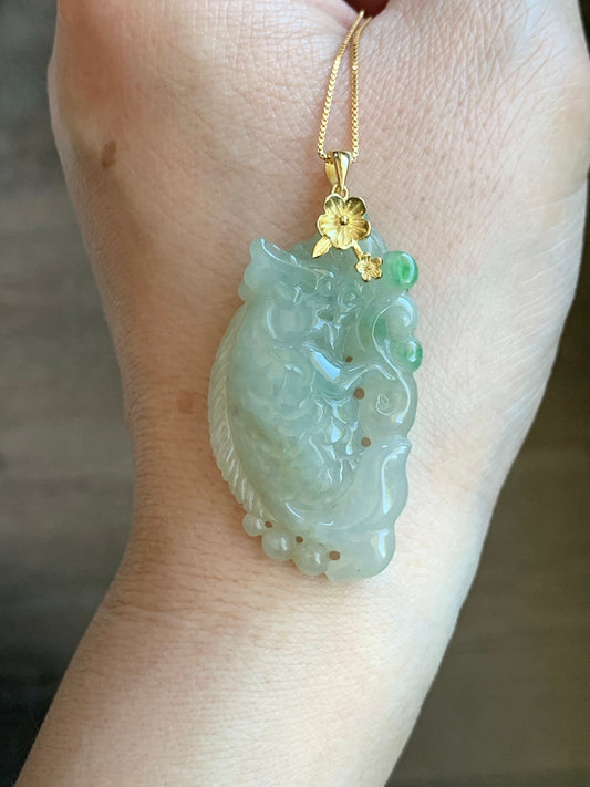 Natural Burmese Icy Translucent Tea Yellow & Vibrant Green Jadeite Carved Dragon Fish Ruyi Pendant Sterling Silver 天然缅甸冰茶黄飘绿花翡翠鳌鱼如意吊坠