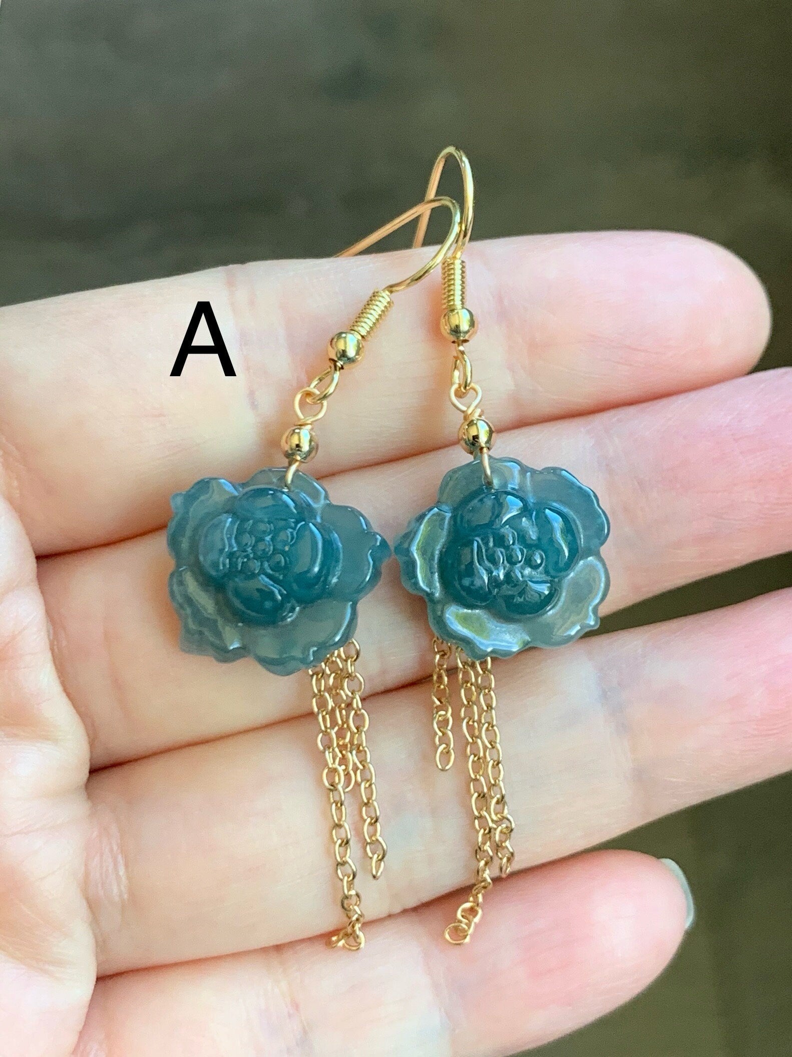 Natural Guatemalan Icy Translucent Rich Blue Jadeite carved lotus flower Dangle Earrings 14K Yellow Gold Plating 天然冰危蓝翡翠莲花14K包金耳吊