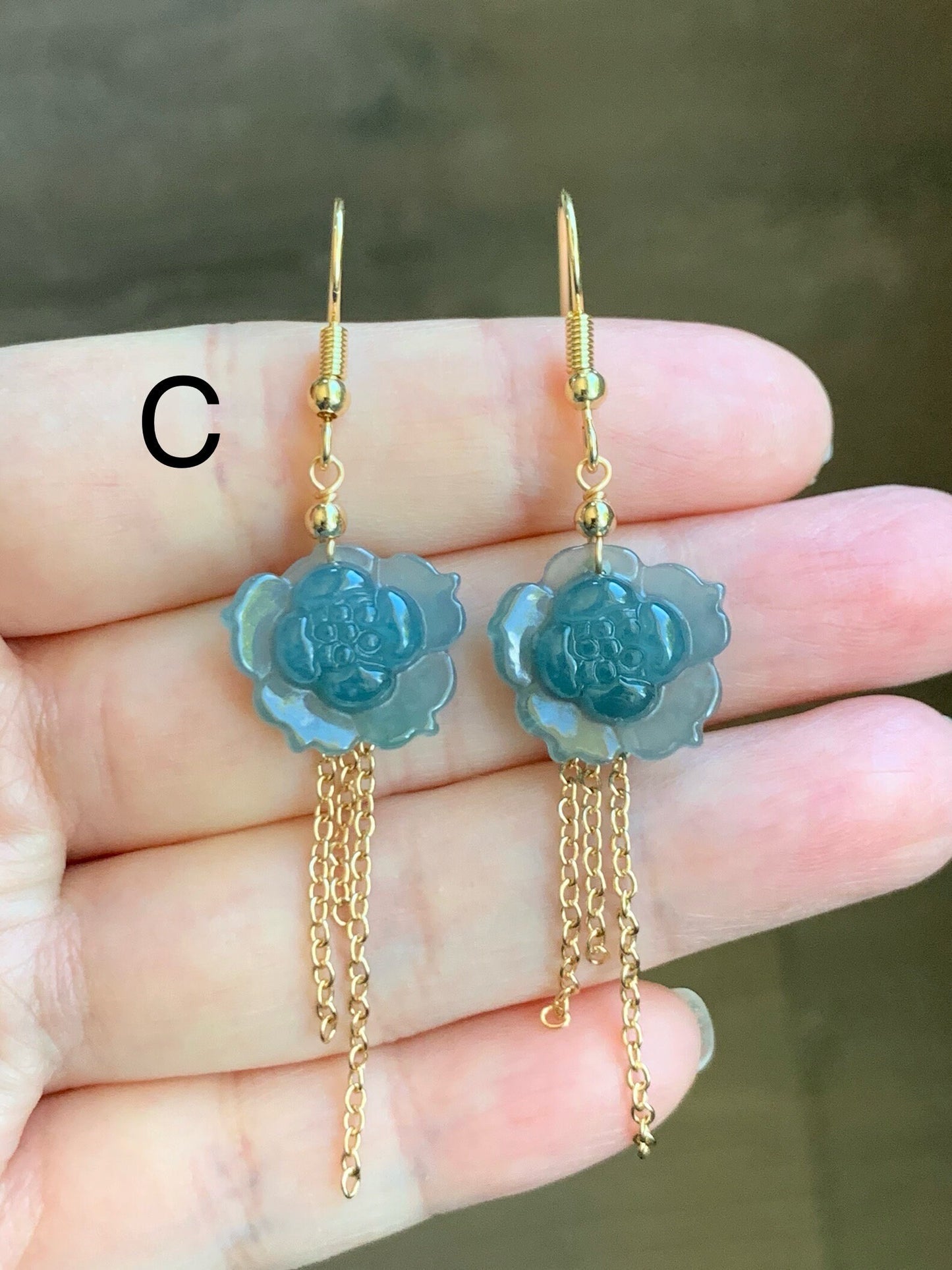 Natural Guatemalan Icy Translucent Rich Blue Jadeite carved lotus flower Dangle Earrings 14K Yellow Gold Plating 天然冰危蓝翡翠莲花14K包金耳吊