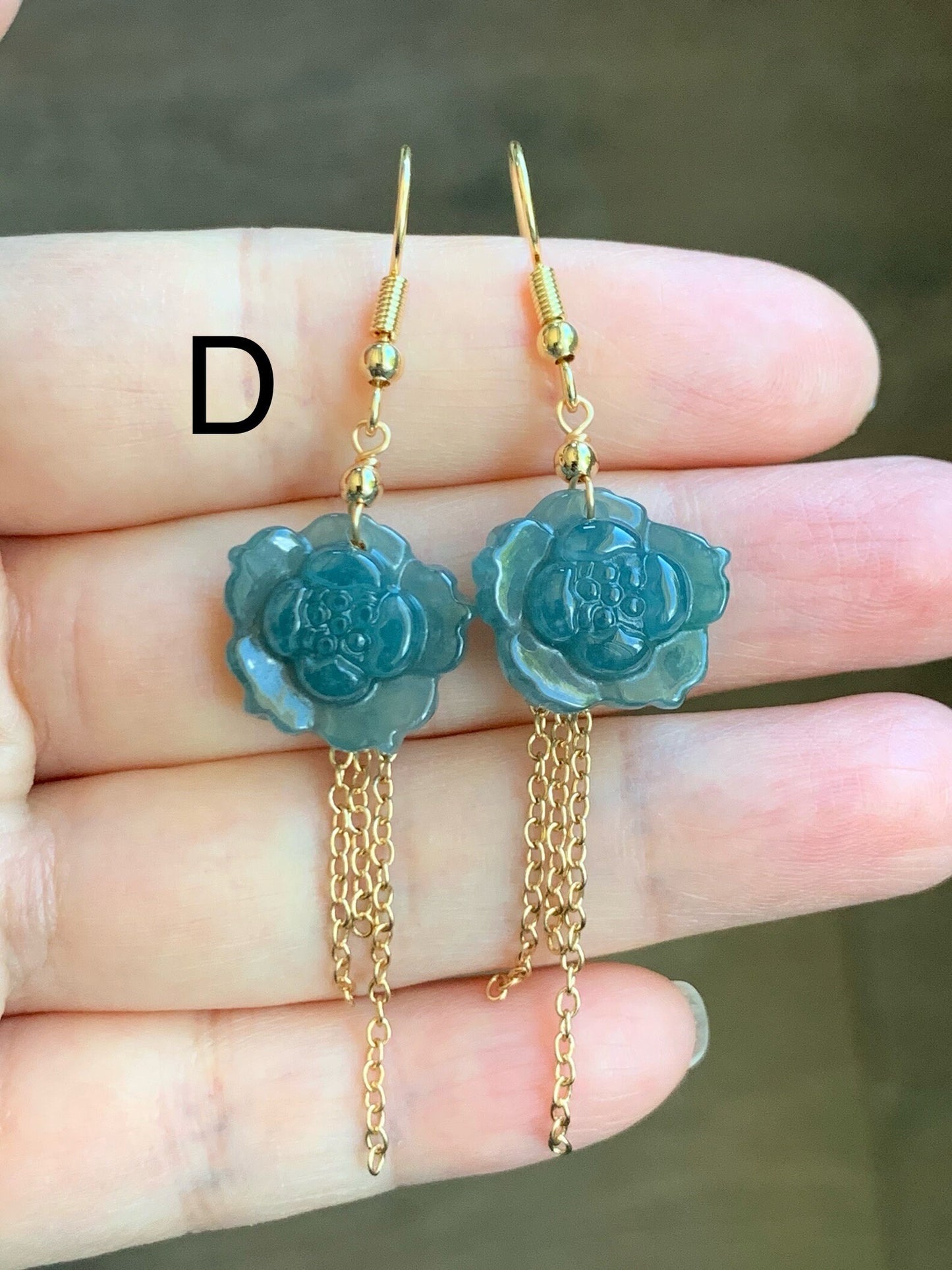 Natural Guatemalan Icy Translucent Rich Blue Jadeite carved lotus flower Dangle Earrings 14K Yellow Gold Plating 天然冰危蓝翡翠莲花14K包金耳吊