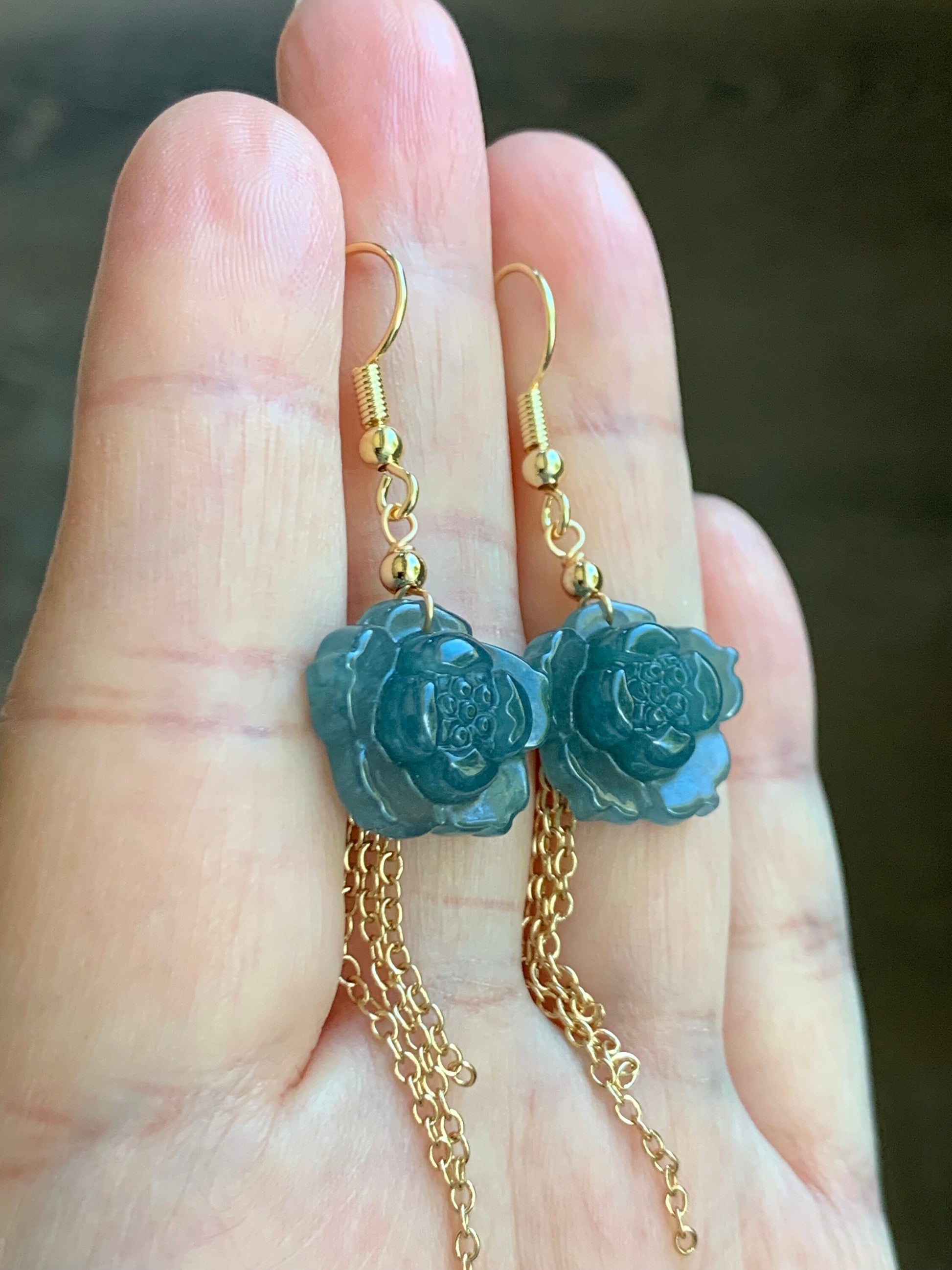 Natural Guatemalan Icy Translucent Rich Blue Jadeite carved lotus flower Dangle Earrings 14K Yellow Gold Plating 天然冰危蓝翡翠莲花14K包金耳吊
