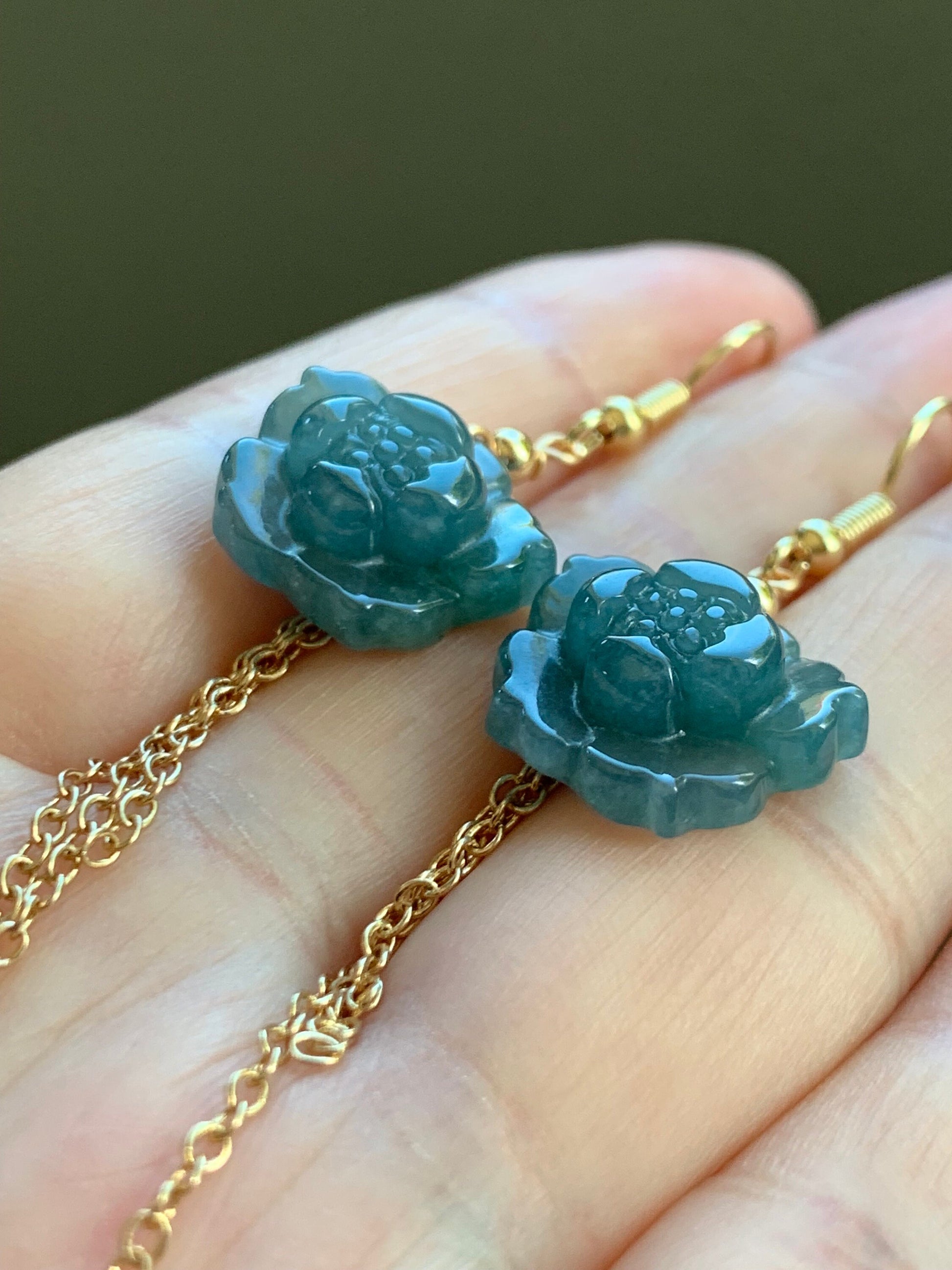 Natural Guatemalan Icy Translucent Rich Blue Jadeite carved lotus flower Dangle Earrings 14K Yellow Gold Plating 天然冰危蓝翡翠莲花14K包金耳吊
