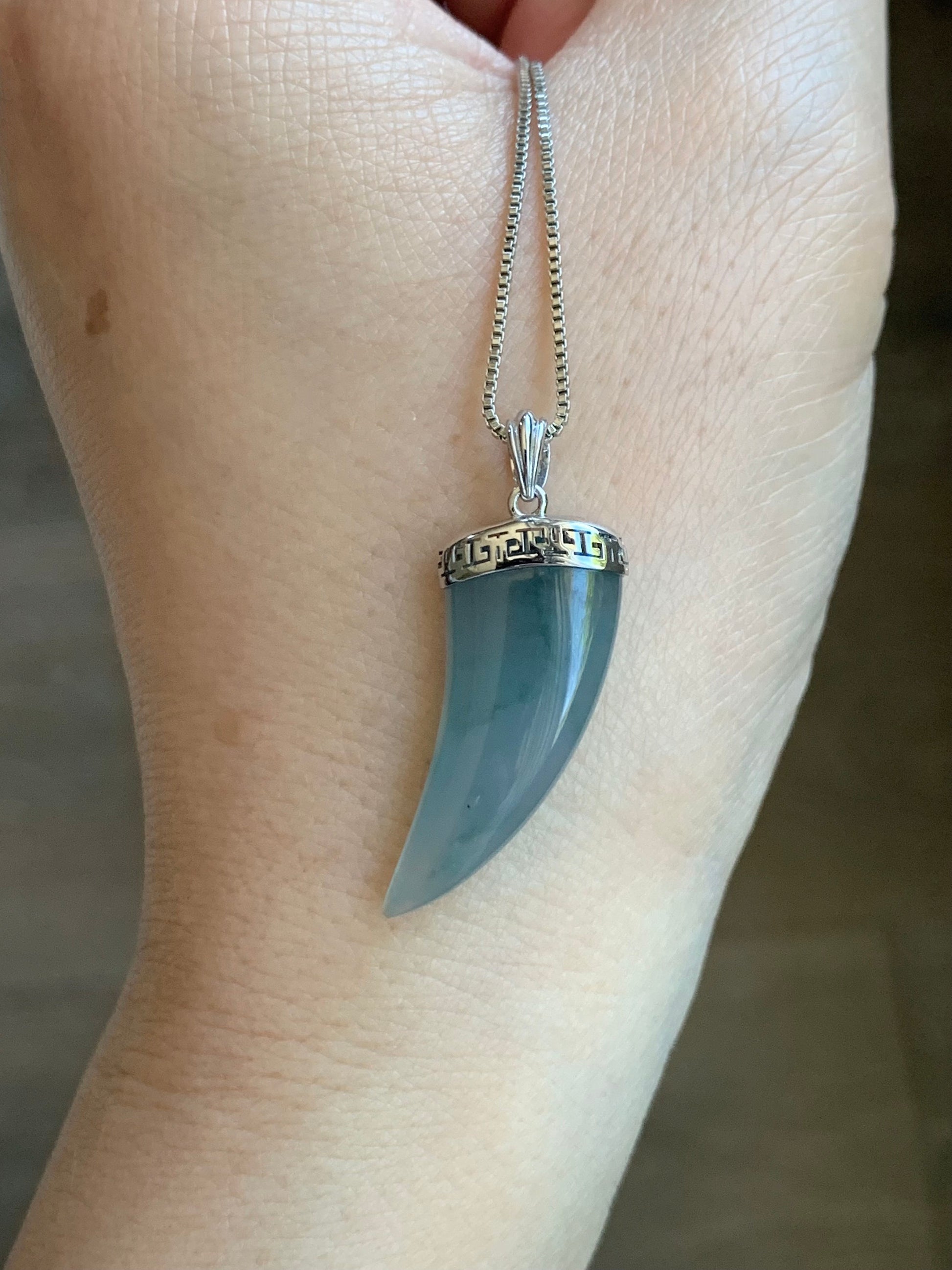 Certified Natural Guatemalan Icy Translucent Gelatinous Light Blue Marbled Jadeite Dragon Tooth Pendant 18K White Gold 天然缅甸老种冰胶淡蓝飘花翡翠龙牙镶嵌吊坠
